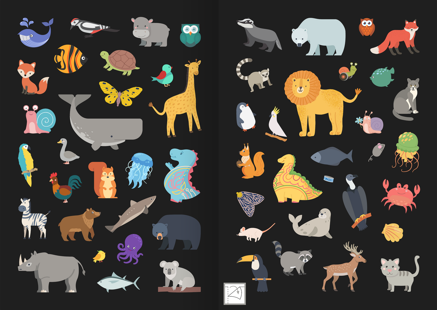 Gezeigt wird eine Innen- oder Zusatzansicht von „Leucht-Sticker – Tiere“. Auf einem dunklen Hintergrund sind zahlreiche farbenfrohe, cartoonhafte Tierillustrationen angeordnet. Zu sehen sind ein Löwe, eine Giraffe, ein Wal und viele weitere Tiere in unterschiedlichen Farben wie Gelb, Blau und Pink. Die Typografie ist klar und modern, wobei keine Textelemente vorhanden sind. Die Illustrationen sind verspielt und ansprechend gestaltet, ideal für Kinder.