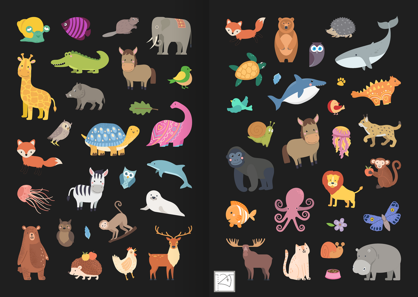 Gezeigt wird eine Innen- oder Zusatzansicht von „Leucht-Sticker – Tiere“. Die Seite zeigt eine bunte Sammlung von Tieren, darunter eine Giraffe, einen Elefanten und einen Delfin, alle stilisiert und freundlich gestaltet. Die Farben sind lebhaft und variieren von sanften Pastelltönen bis zu kräftigen Schattierungen. Die Typografie ist verspielt und ergänzt die Illustrationen harmonisch, während der Hintergrund in einem tiefen Schwarz die Tiermotive hervorhebt.