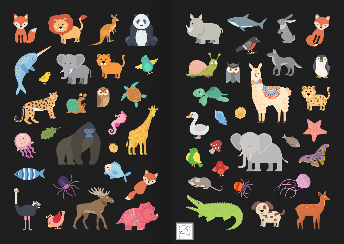 Gezeigt wird eine Innen- oder Zusatzansicht von „Leucht-Sticker – Tiere“. Die Illustrationen zeigen eine Vielzahl von Tieren, darunter einen Löwen, einen Panda und einen Elefanten, in bunten, leuchtenden Farben. Die Figuren sind in einem kindgerechten, verspielt-cartoonhaften Stil gestaltet. Der Hintergrund ist schwarz, was die Farben der Tiere hervorhebt. Die Schrift ist modern und leicht lesbar, in sanften Farben gehalten, um die Ansprache an Kinder zu unterstützen.