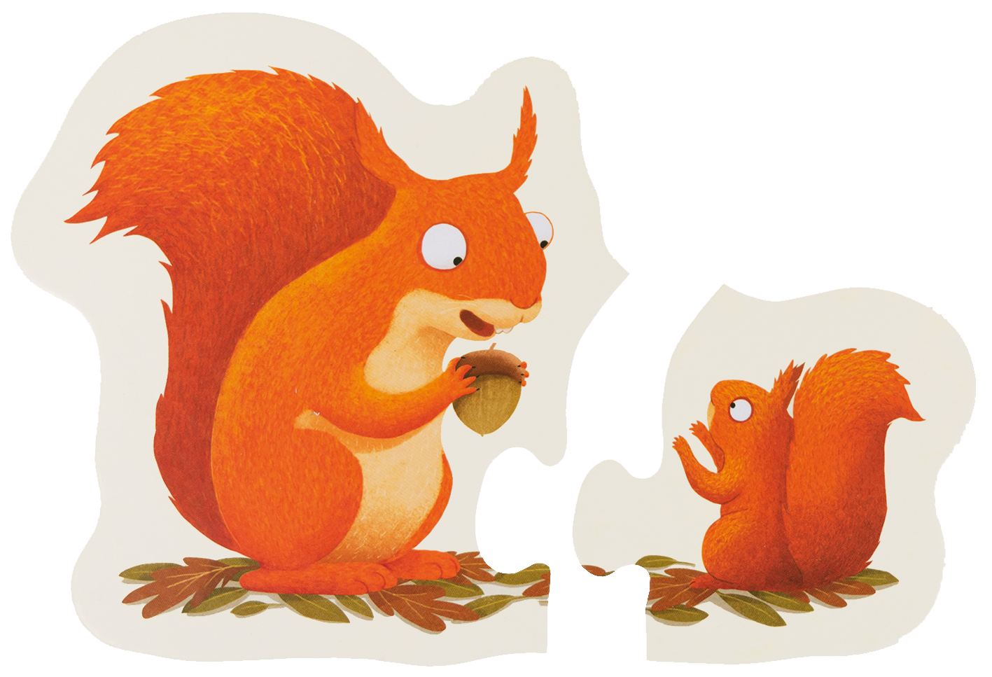 Gezeigt wird eine Innen- oder Zusatzansicht von „Mein erstes Puzzle: Wer wohnt im Wald?“. Die Abbildung zeigt zwei niedliche Eichhörnchen auf einem hellen Hintergrund. Das größere Eichhörnchen hat ein intensives Orange und hält eine Eichel, während das kleinere Eichhörnchen aufmerksam nach oben schaut. Die verwendeten Farben sind leuchtend und freundlich, und die typografische Gestaltung ist verspielt, was die kindgerechte Thematik unterstreicht.