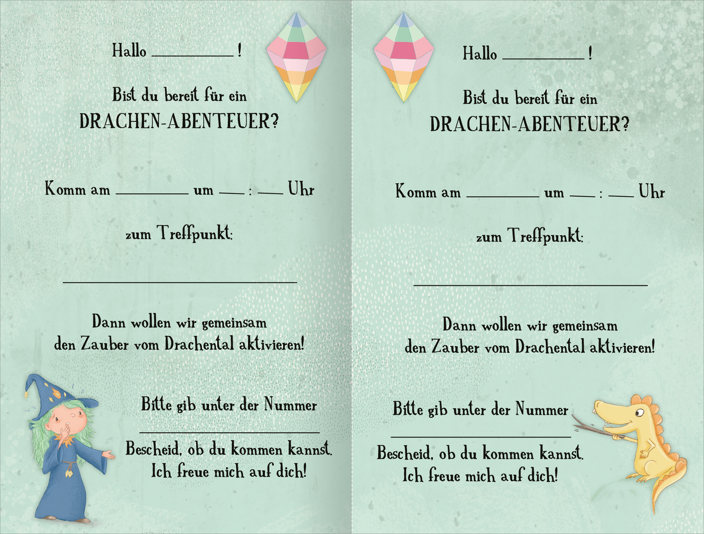 Gezeigt wird eine Innen- oder Zusatzansicht von „Drachen-Schnitzeljagd ab 4 Jahren“. Die Ansicht präsentiert eine freundliche, pastellgrüne Hintergrundfarbe. Zu sehen sind zwei Einladungen mit verspielten, bunten Grafiken: einem Drachen und einer Hexe. Der Text ist in einer klaren, kindgerechten Schriftart gestaltet. Textfelder für Namen und Uhrzeit sind deutlich hervorgehoben, um die Einladung individuell zu gestalten. Die Illustration dient der Ansprache von Kindern und weckt...