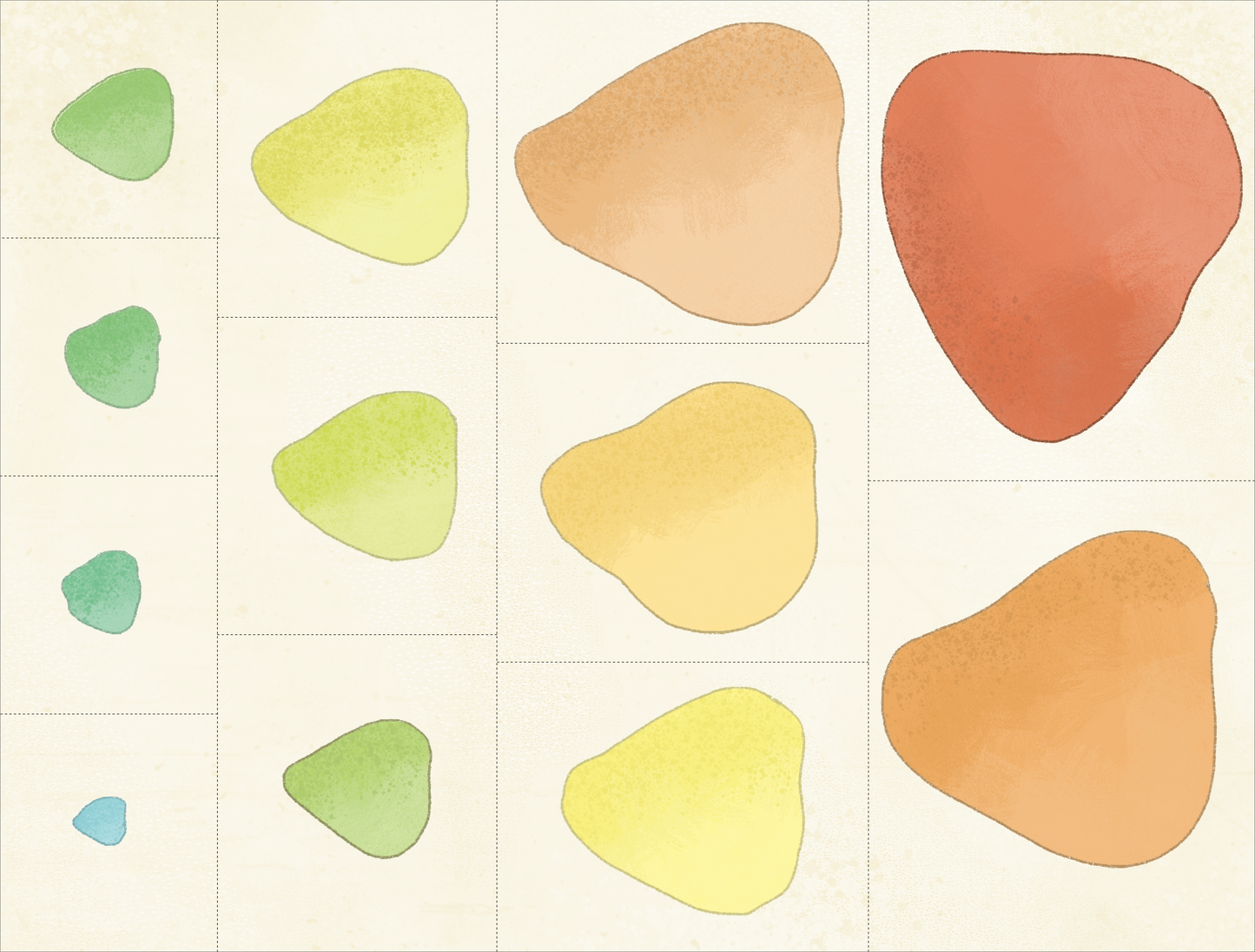 Gezeigt wird eine Innen- oder Zusatzansicht von „Drachen-Schnitzeljagd ab 4 Jahren“. Die Abbildung zeigt eine Anordnung unterschiedlich großer, organisch geformter Farbflecken in sanften, pastelligen Grüntönen, Gelbtönen und Braun. Der Hintergrund ist hell und strukturiert, was die Farben lebendig wirken lässt.