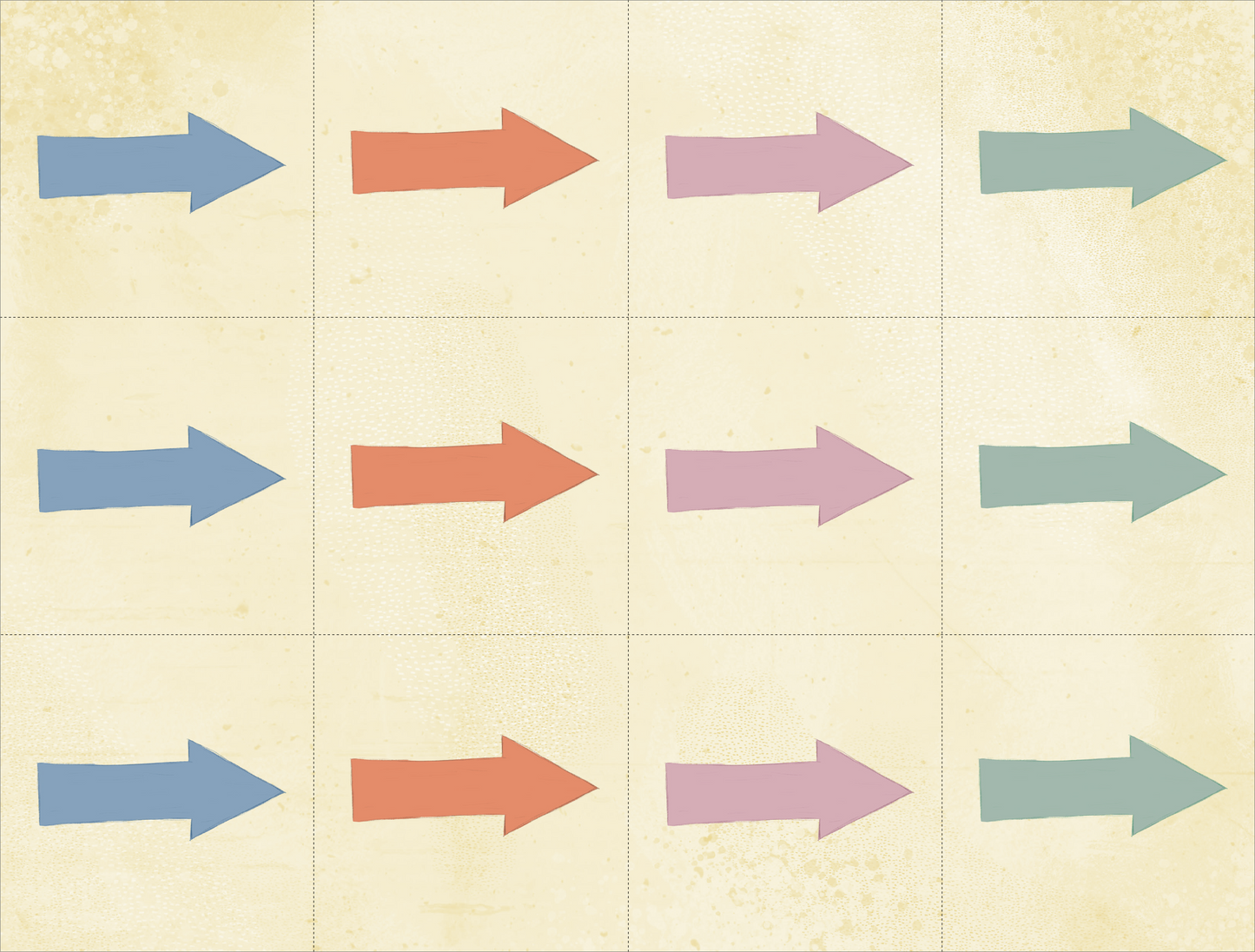 Gezeigt wird eine Innen- oder Zusatzansicht von „Drachen-Schnitzeljagd ab 4 Jahren“. Die Darstellung zeigt mehrere Pfeile in verschiedenen Farben: Blau, Orange, Lila und Türkis, die gleichmäßig auf einem beigen Hintergrund angeordnet sind. Die Pfeile zeigen alle nach rechts.