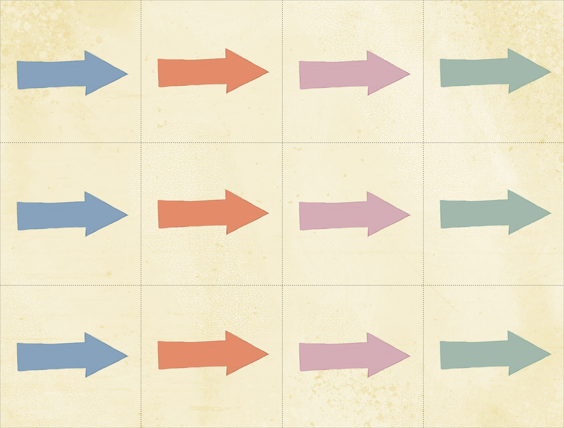 Gezeigt wird eine Innen- oder Zusatzansicht von „Drachen-Schnitzeljagd ab 4 Jahren“. Die Darstellung zeigt mehrere Pfeile in verschiedenen Farben: Blau, Orange, Lila und Türkis, die gleichmäßig auf einem beigen Hintergrund angeordnet sind. Die Pfeile zeigen alle nach rechts.