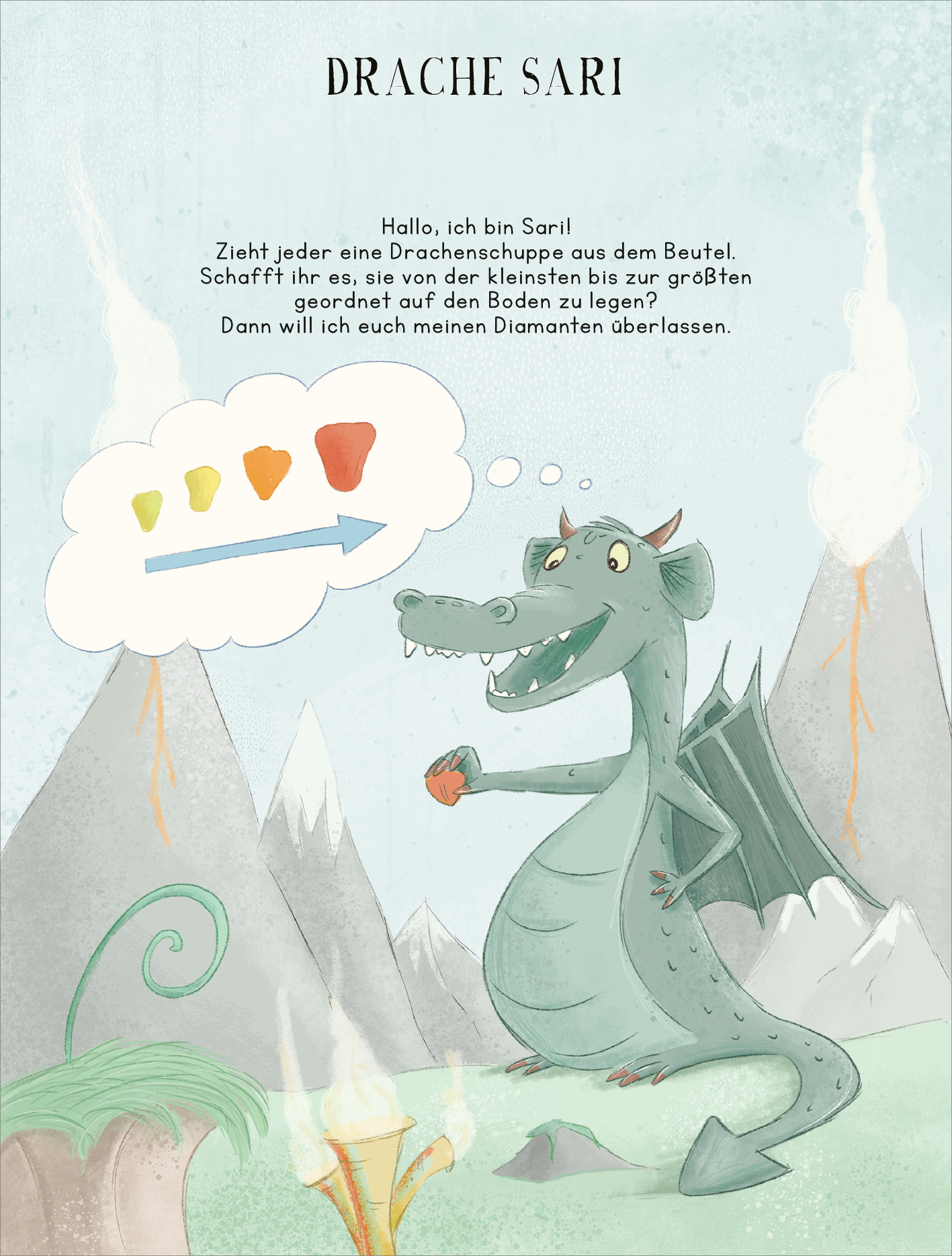 Gezeigt wird eine Innen- oder Zusatzansicht von „Drachen-Schnitzeljagd ab 4 Jahren“. Die Illustration zeigt den grünen Drachen Sari, der freundlich lächelt und eine Drachen-Schuppe in der Hand hält. Im Hintergrund sind spitze, graue Berge und qualmende Vulkane zu sehen. Text in freundlicher, gut lesbarer Schrift informiert über das Spielprinzip. Die Farben sind pastellig, mit dominierenden Grün- und Blautönen, die eine kindgerechte, fröhliche Atmosphäre schaffen.