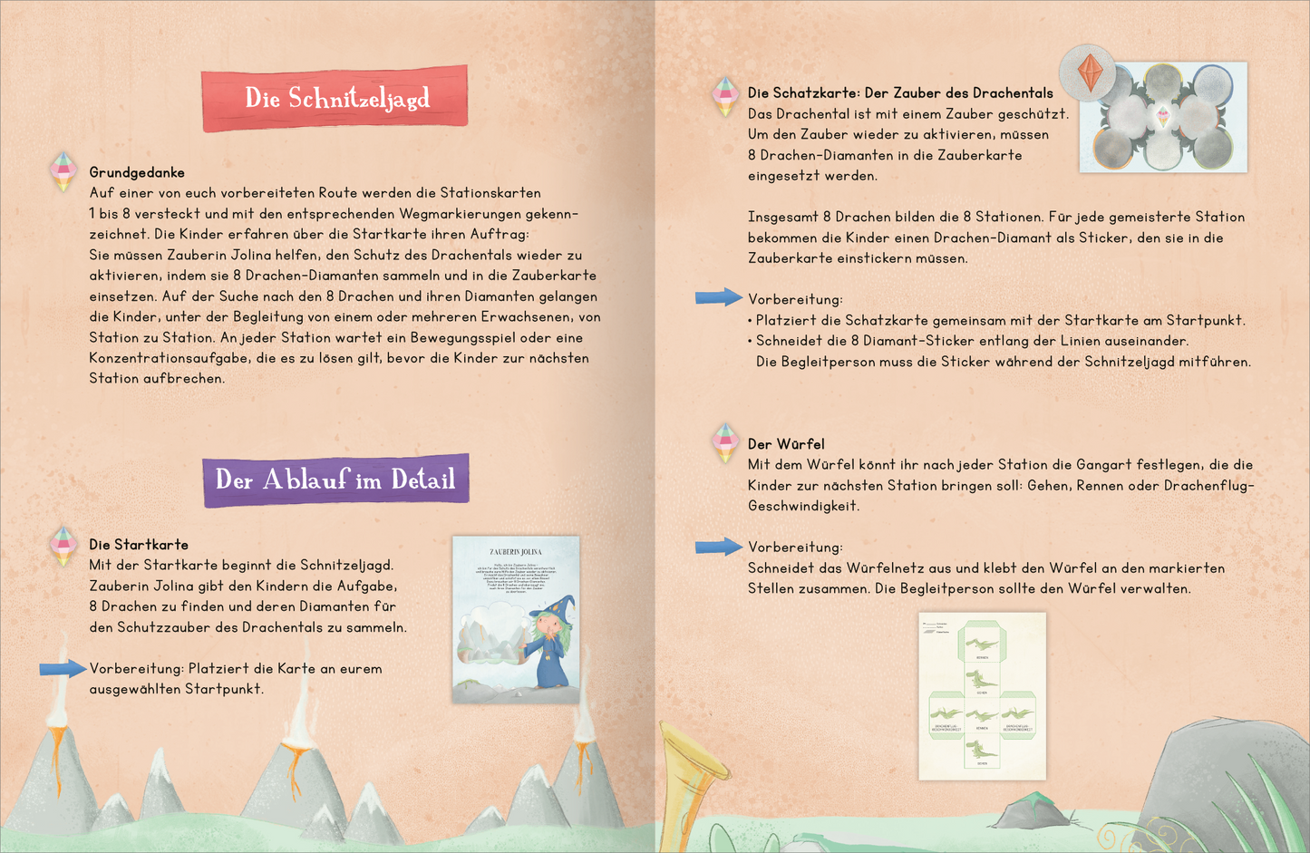 Gezeigt wird eine Innen- oder Zusatzansicht von „Drachen-Schnitzeljagd ab 4 Jahren“. Die Seiten sind in sanften Pastellfarben gestaltet und zeigen die Überschrift „Die Schnitzeljagd“ in einem auffälligen roten Banner. Auf der linken Seite sind die Grundgedanken und der Ablauf der Schnitzeljagd in klarer, leicht lesbarer Schrift dargestellt. Illustrationen von Vulkanen und Abenteuerkarten ergänzen die Informationen. Die rechte Seite erklärt die einzelnen Stationen und bietet visuelle...