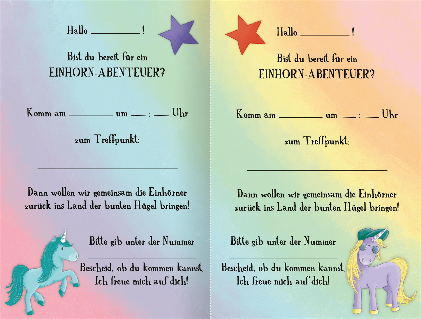 Gezeigt wird eine Innen- oder Zusatzansicht von „Einhorn-Schnitzeljagd ab 4 Jahren“. Die farbenfrohe Vorlage zeigt zwei Einladungen auf einem sanften, pastellfarbenen Hintergrund. Links ist ein lächelndes, aquagrünes Einhorn mit einem blauen Horn abgebildet; rechts steht ein lila Einhorn mit einer coolen grünen Mütze und Sonnenbrille. Jede Seite enthält eine Aufforderung zum „EINHORN-ABENTEUER“ in großen Schriftzügen, umrahmt von leuchtenden Sternen. Platz für persönliche...