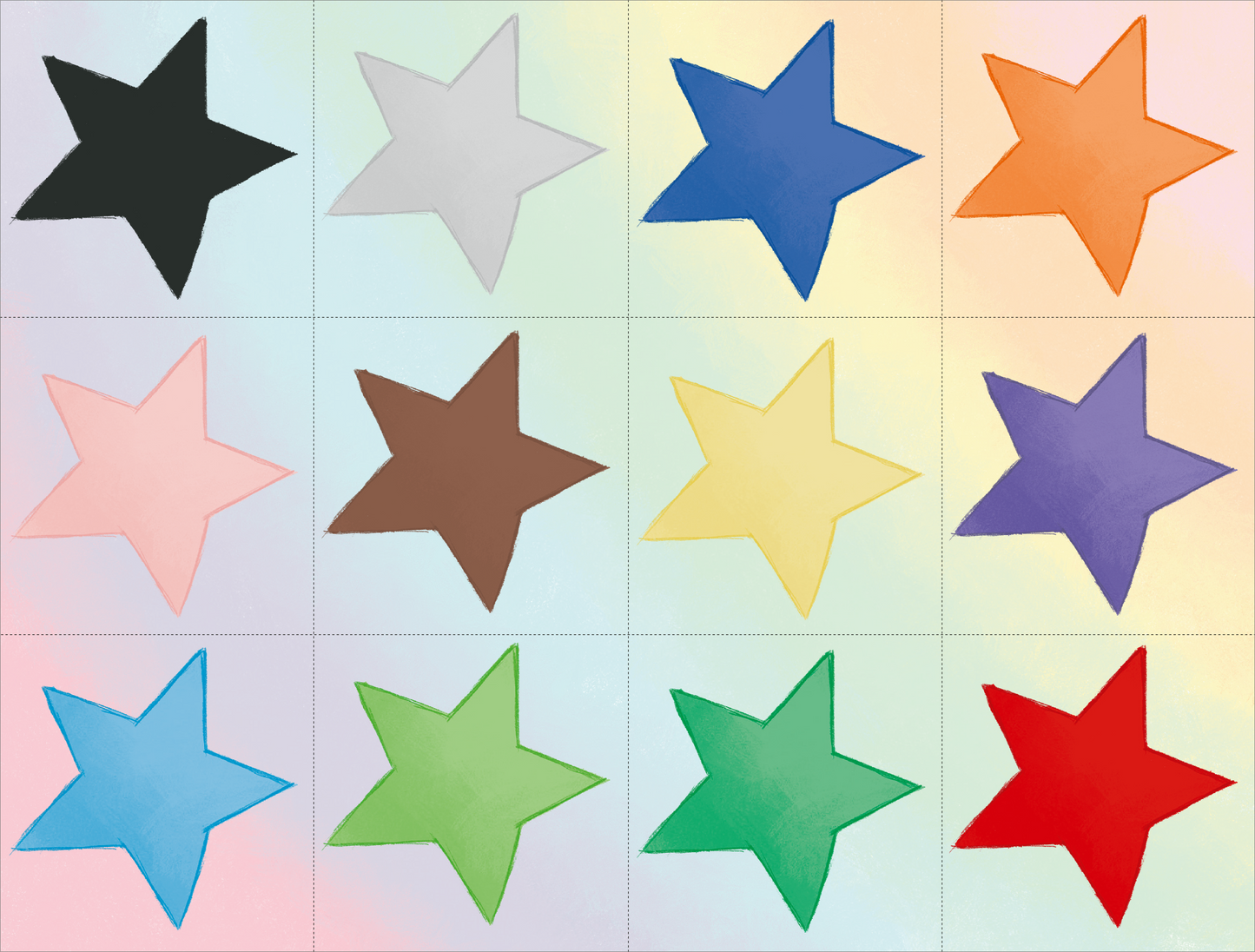 Gezeigt wird eine Innen- oder Zusatzansicht von „Einhorn-Schnitzeljagd ab 4 Jahren“. Die Darstellung zeigt ein Raster aus verschiedenen geometrischen Sternen in lebendigen Farben, darunter Schwarz, Weiß, Blau, Orange und Pink. Die Sterne sind gleichmäßig angeordnet und repräsentieren eine fröhliche, einladende Atmosphäre.