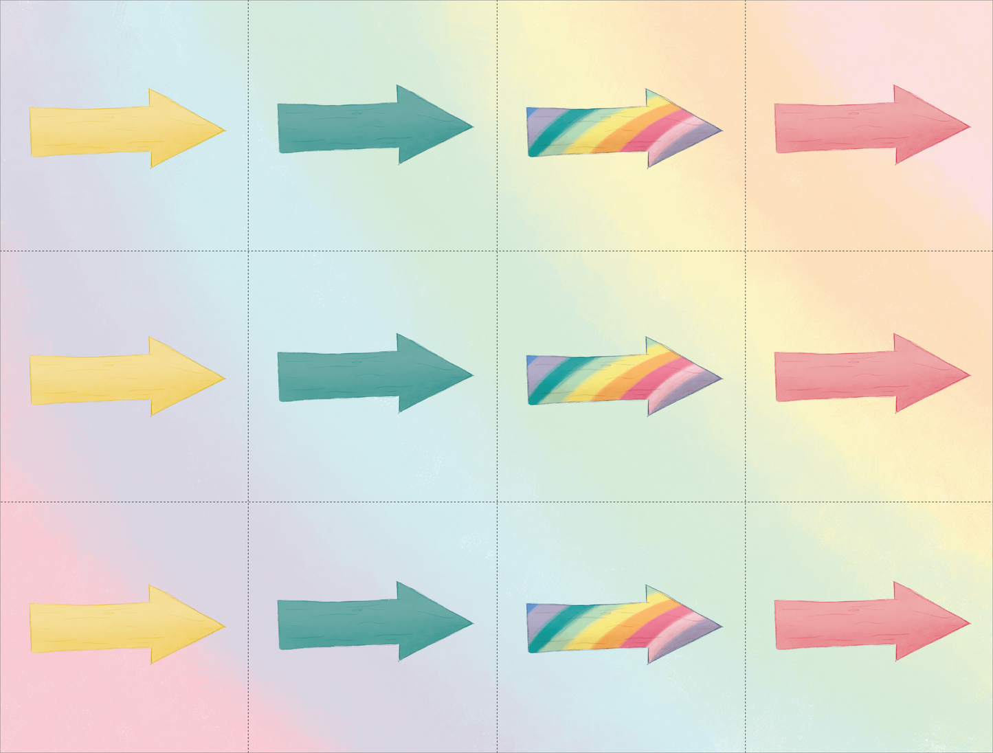 Gezeigt wird eine Innen- oder Zusatzansicht von „Einhorn-Schnitzeljagd ab 4 Jahren“. Die Darstellung zeigt ein Muster aus Pfeilen in verschiedenen Farben, darunter Gelb, Blau, Bunt und Pink. Die Pfeile sind in einem Raster angeordnet. Der Hintergrund ist sanft pastellig, was eine fröhliche und einladende Atmosphäre schafft.