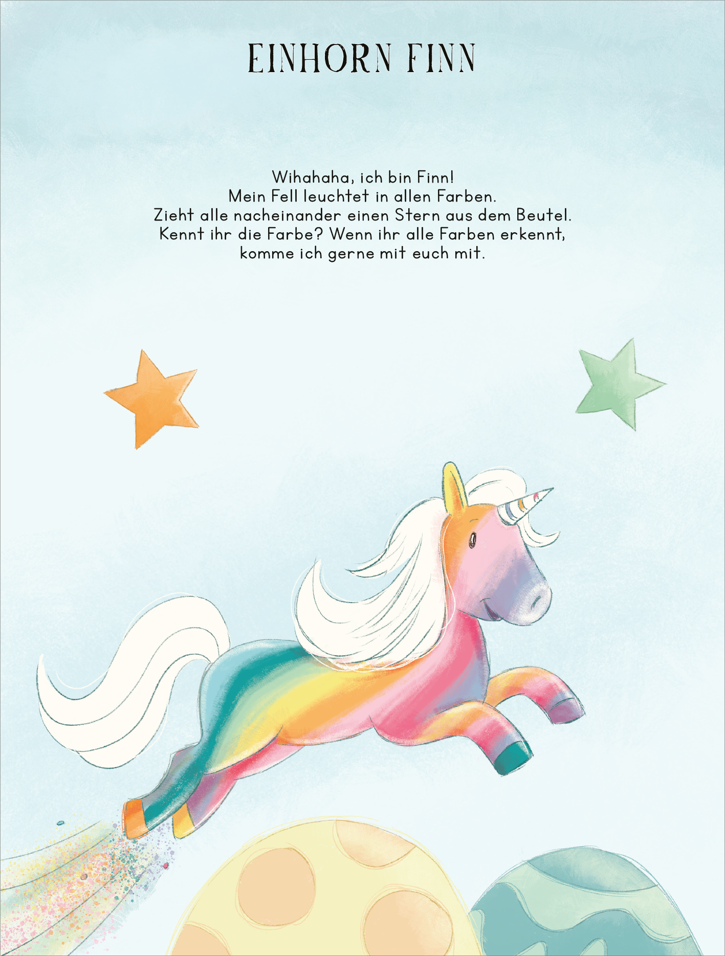 Gezeigt wird eine Innen- oder Zusatzansicht von „Einhorn-Schnitzeljagd ab 4 Jahren“. Auf der Seite sieht man das Einhorn Finn in leuchtenden Regenbogenfarben, das fröhlich durch die Luft fliegt. Der Hintergrund ist in sanften Blau- und Türkistönen gehalten. Um Finn herum schweben orangefarbene und grüne Sterne. Oben steht der Titel „EINHORN FINN“ in klaren, großen Buchstaben. Der Text ist spielerisch gestaltet und in einer kinderfreundlichen Schriftart gehalten.