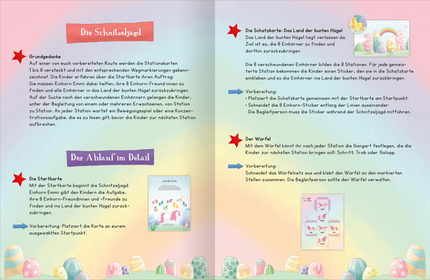 Gezeigt wird eine Innen- oder Zusatzansicht von „Einhorn-Schnitzeljagd ab 4 Jahren“. Die Seiten sind in sanften Pastellfarben gehalten, mit einem leichten Farbverlauf von Blau zu Rosa. Zentrale Elemente sind große, klar lesbare Schriftzüge in bunten Farben, eingerahmt von Illustrationen von Einhörnern und bunten Hügeln. Icons und Sterne heben wichtige Informationen hervor. Die Anordnung der Texte und Bilder ist übersichtlich, um die Lesbarkeit und Orientierung zu erleichtern.