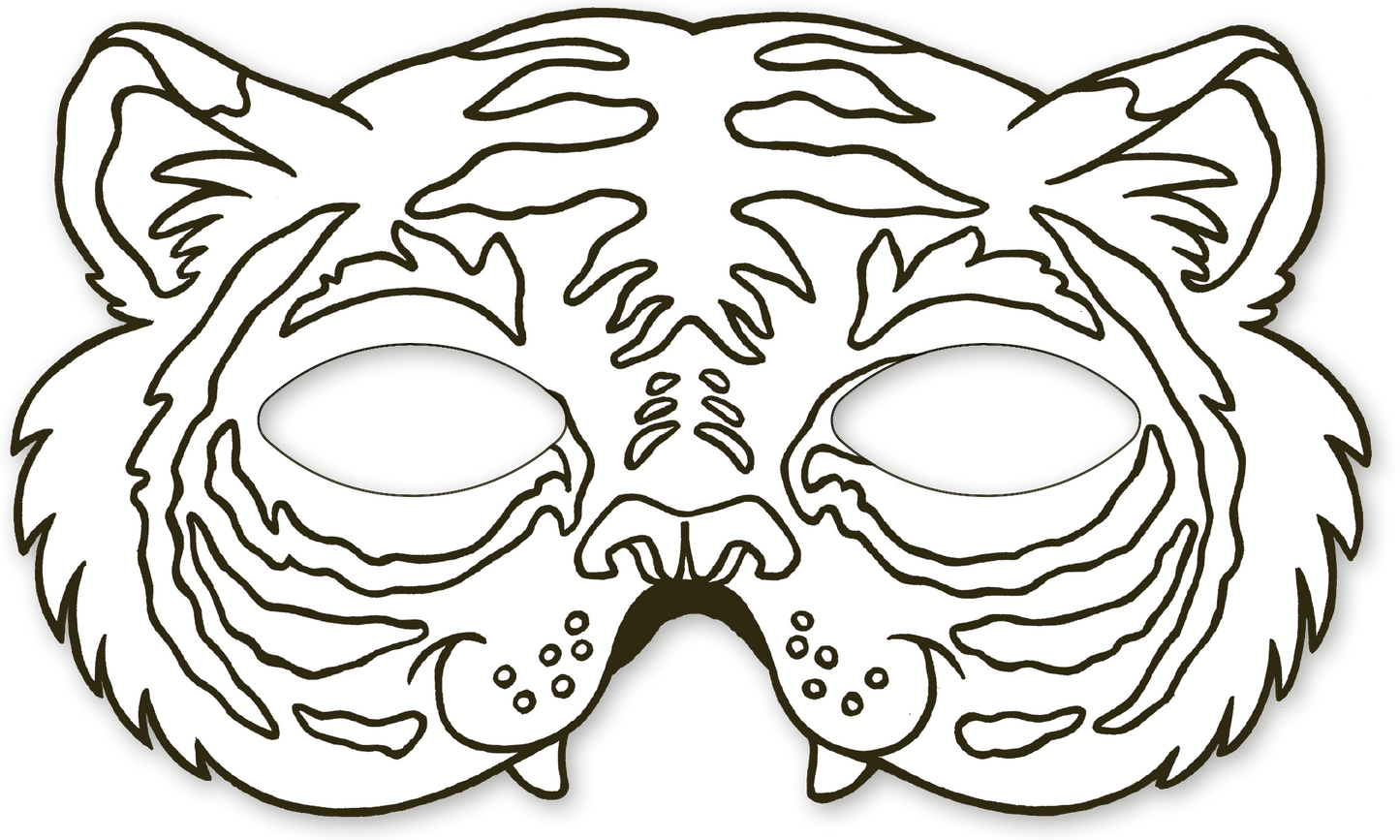 Gezeigt wird eine Innen- oder Zusatzansicht von „Tiermasken zum Ausmalen“. Die Abbildung zeigt eine weiße, outlinestrukturierte Tiermaske in Form eines Tigers. Die Details umfassen stark ausgeprägte Ohren, Streifen und Schnurrhaare. Die Linien sind schwarz, klar und gut definiert, was das Ausmalen erleichtert. Die Maske hat zwei runde Öffnungen für die Augen und wirkt einladend für kreative Farbgestaltungen.