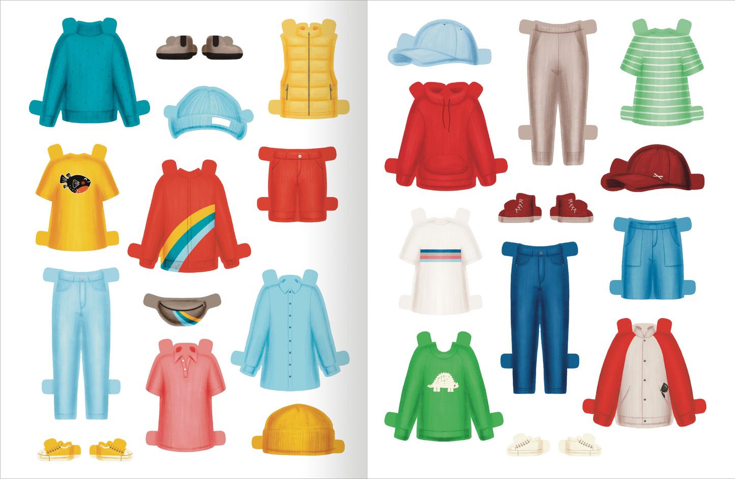 Gezeigt wird eine Innen- oder Zusatzansicht von „Das große Anziehpuppen-Buch zum Herausdrücken“. Auf der Doppelseite sind verschiedene Kleidungsstücke und Accessoires für Anziehpuppen abgebildet. Die Farben sind vielfältig, darunter leuchtendes Blau, Rot, Grün und Gelb. Es sind verschiedene Oberteile, Hosen und Schuhe in klaren, einfachen Formen zu sehen. Die Schrift ist groß und übersichtlich, was die Identifikation der Elemente erleichtert.