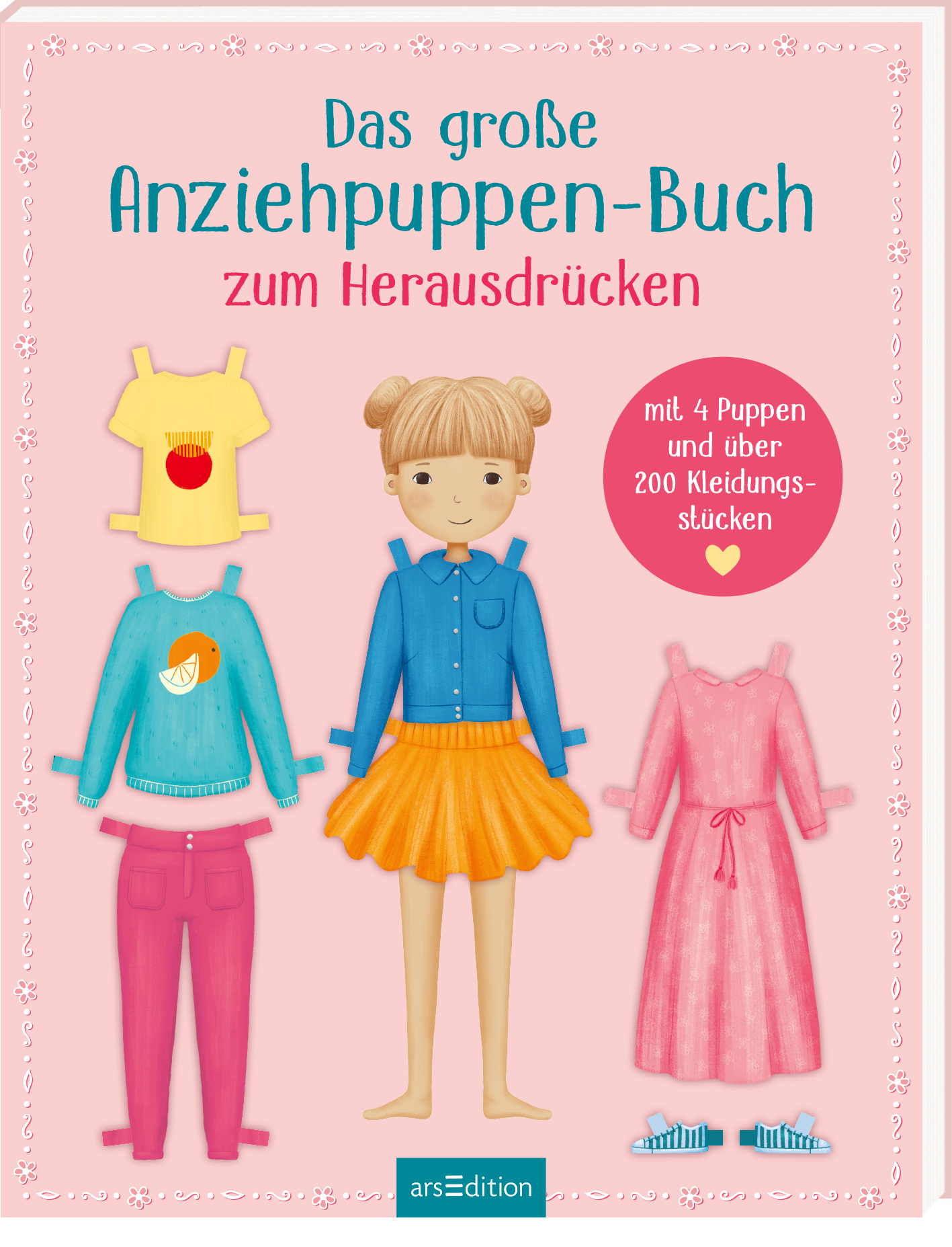 Das Cover des Buches „Das große Anziehpuppen-Buch zum Herausdrucken“ zeigt eine illustrierte junge blonde Puppe mit braunen Augen und einem leicht lächelnden Gesicht. Um sie herum sind verschiedene Kleidungsstücke in fröhlichen Farben wie Blau, Pink und Gelb angeordnet. Ein rosa Farbton dominiert den Hintergrund, während der Titel in einer verspielten, pinken Schriftart gestaltet ist. Ein runder Button weist darauf hin, dass das Buch „mit 4 Puppen und über 200 Kleidungsstücken“...