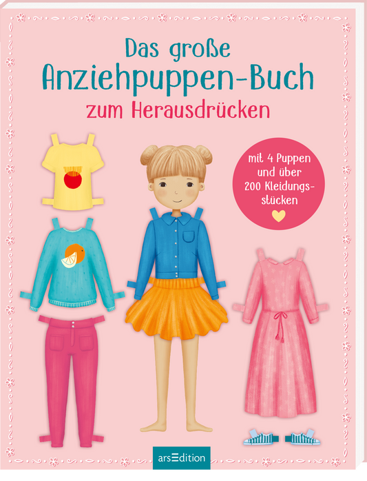 Das Cover des Buches „Das große Anziehpuppen-Buch zum Herausdrucken“ zeigt eine illustrierte junge blonde Puppe mit braunen Augen und einem leicht lächelnden Gesicht. Um sie herum sind verschiedene Kleidungsstücke in fröhlichen Farben wie Blau, Pink und Gelb angeordnet. Ein rosa Farbton dominiert den Hintergrund, während der Titel in einer verspielten, pinken Schriftart gestaltet ist. Ein runder Button weist darauf hin, dass das Buch „mit 4 Puppen und über 200 Kleidungsstücken“...