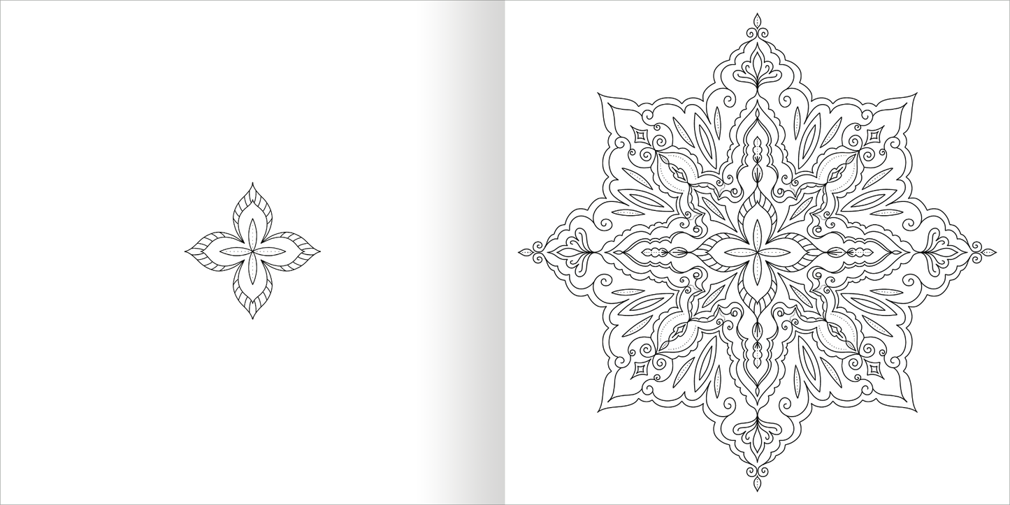Gezeigt wird eine Innen- oder Zusatzansicht von „Mandala-Zauber – Achtsamkeit“. Die Abbildung zeigt links ein einfaches, filigranes Mandala-Motiv und rechts eine komplexe, symmetrische Mandala-Gestaltung mit geschwungenen Linien und floral inspirierten Elementen. Die Zeichnungen sind in Schwarz auf hellem Hintergrund gehalten und bieten ausreichend Raum für individuelle Farbgestaltungen.