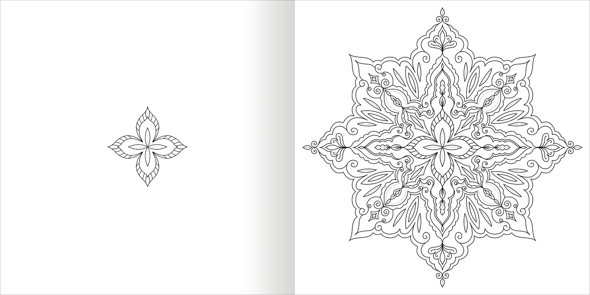 Gezeigt wird eine Innen- oder Zusatzansicht von „Mandala-Zauber – Achtsamkeit“. Die Abbildung zeigt links ein einfaches, filigranes Mandala-Motiv und rechts eine komplexe, symmetrische Mandala-Gestaltung mit geschwungenen Linien und floral inspirierten Elementen. Die Zeichnungen sind in Schwarz auf hellem Hintergrund gehalten und bieten ausreichend Raum für individuelle Farbgestaltungen.