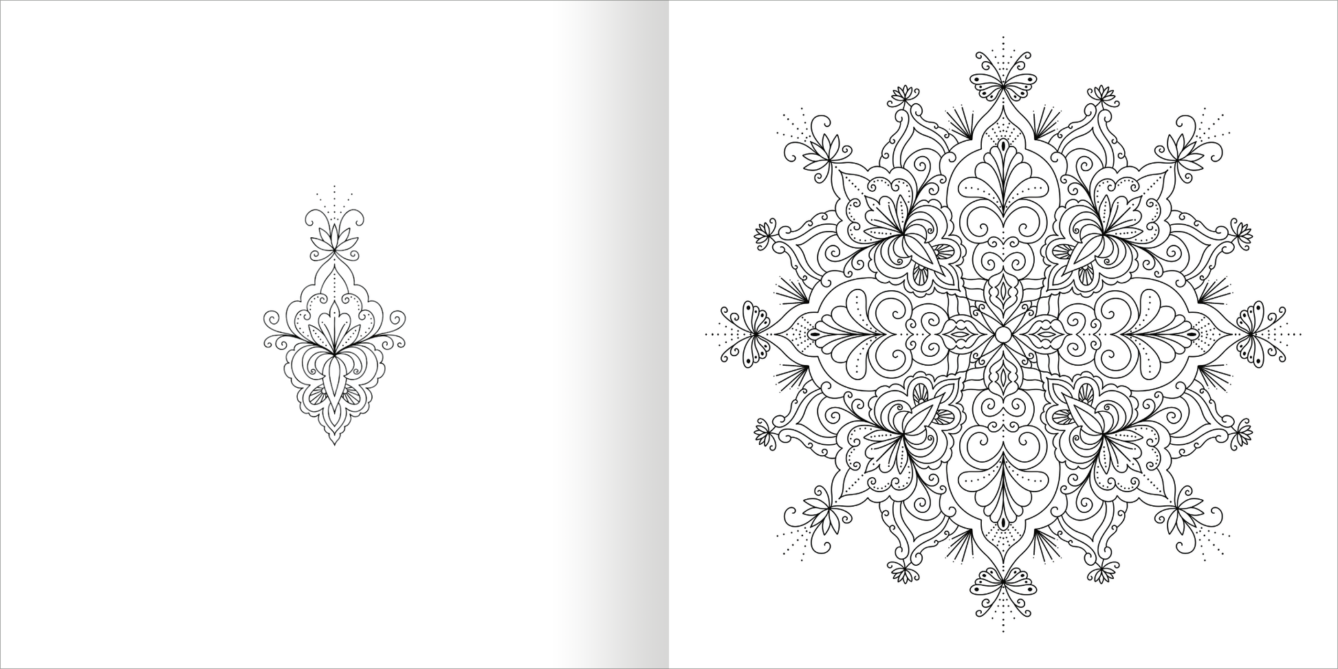 Gezeigt wird eine Innen- oder Zusatzansicht von „Mandala-Zauber – Achtsamkeit“. Die Abbildung zeigt links ein einfaches, filigranes Mandala-Motiv und rechts eine komplexe, symmetrische Mandala-Gestaltung mit geschwungenen Linien und floral inspirierten Elementen. Die Zeichnungen sind in Schwarz auf hellem Hintergrund gehalten und bieten ausreichend Raum für individuelle Farbgestaltungen.