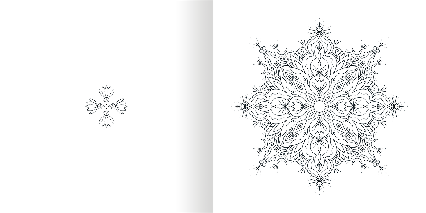 Gezeigt wird eine Innen- oder Zusatzansicht von „Mandala-Zauber – Achtsamkeit“. Die Seite zeigt links ein kleines, florales Motiv und rechts ein detailliertes Mandala mit fein ausgearbeiteten Blüten- und Blattformen. Die Konturen sind in Schwarz gehalten, umgeben von einem weißen Hintergrund. Die harmonische Anordnung der Elemente fördert ein Gefühl der Ruhe und Achtsamkeit.