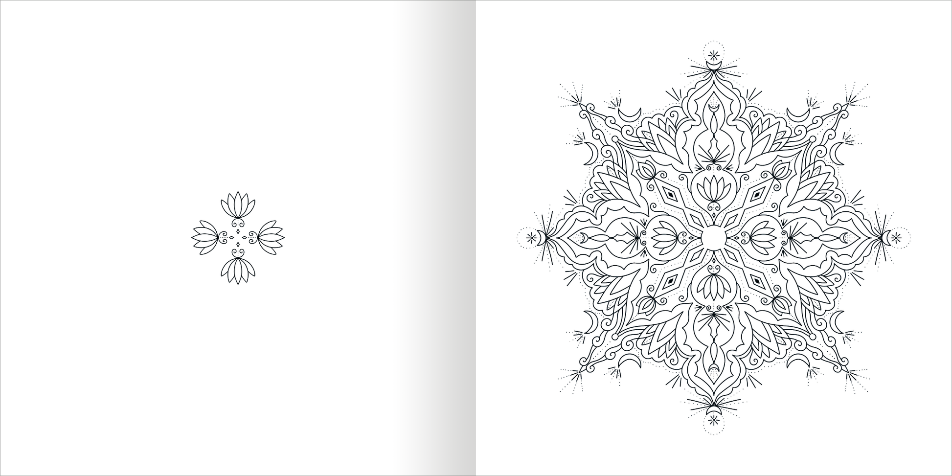 Gezeigt wird eine Innen- oder Zusatzansicht von „Mandala-Zauber – Achtsamkeit“. Die Seite zeigt links ein kleines, florales Motiv und rechts ein detailliertes Mandala mit fein ausgearbeiteten Blüten- und Blattformen. Die Konturen sind in Schwarz gehalten, umgeben von einem weißen Hintergrund. Die harmonische Anordnung der Elemente fördert ein Gefühl der Ruhe und Achtsamkeit.