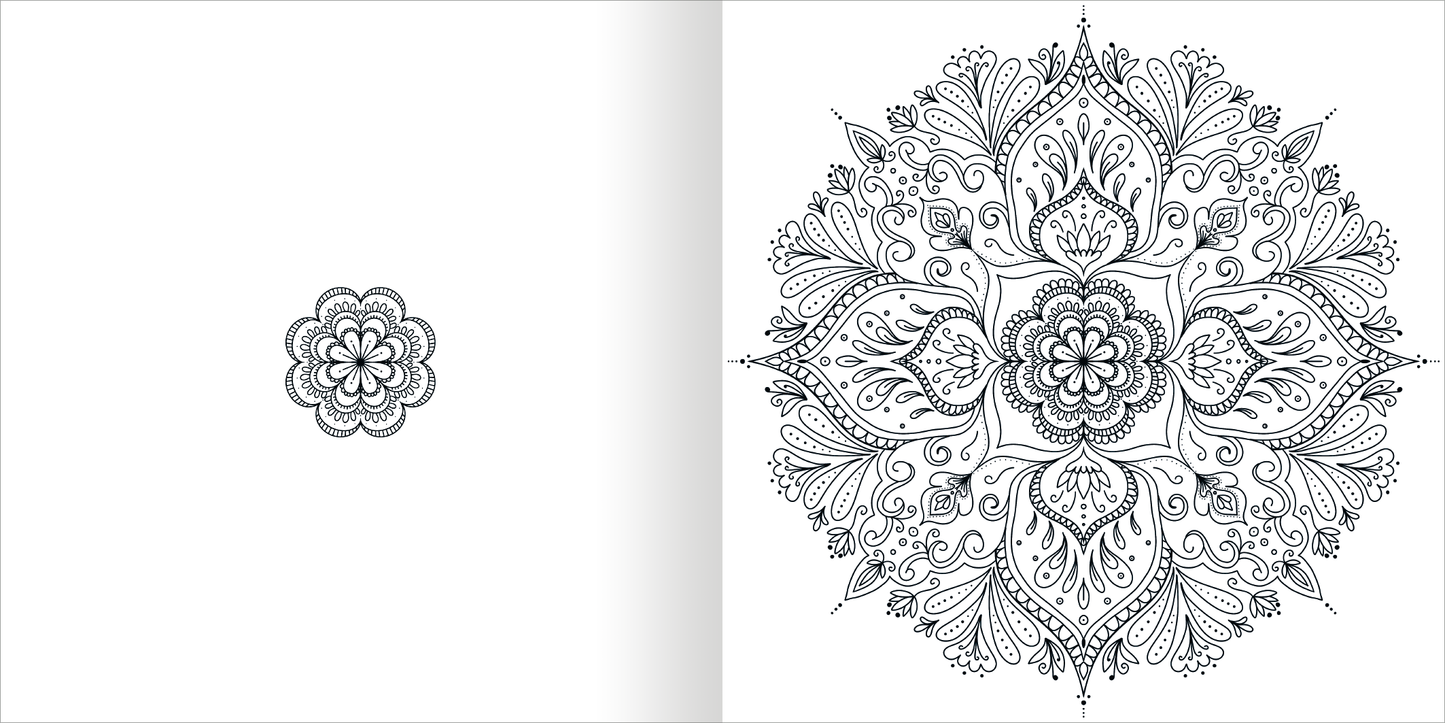 Gezeigt wird eine Innen- oder Zusatzansicht von „Mandala-Zauber – Achtsamkeit“. Die Abbildung zeigt links ein einfaches, filigranes Mandala-Motiv und rechts eine komplexe, symmetrische Mandala-Gestaltung mit geschwungenen Linien und floral inspirierten Elementen. Die Zeichnungen sind in Schwarz auf hellem Hintergrund gehalten und bieten ausreichend Raum für individuelle Farbgestaltungen.