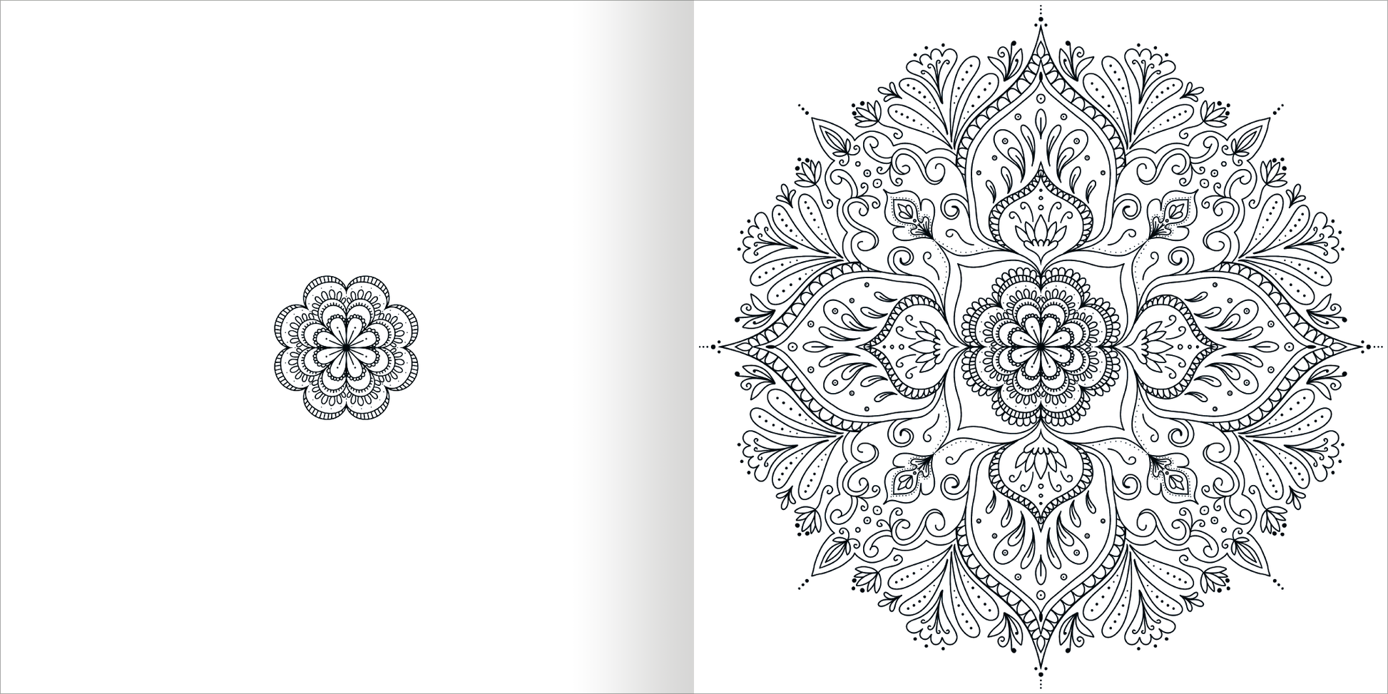 Gezeigt wird eine Innen- oder Zusatzansicht von „Mandala-Zauber – Achtsamkeit“. Die Abbildung zeigt links ein einfaches, filigranes Mandala-Motiv und rechts eine komplexe, symmetrische Mandala-Gestaltung mit geschwungenen Linien und floral inspirierten Elementen. Die Zeichnungen sind in Schwarz auf hellem Hintergrund gehalten und bieten ausreichend Raum für individuelle Farbgestaltungen.