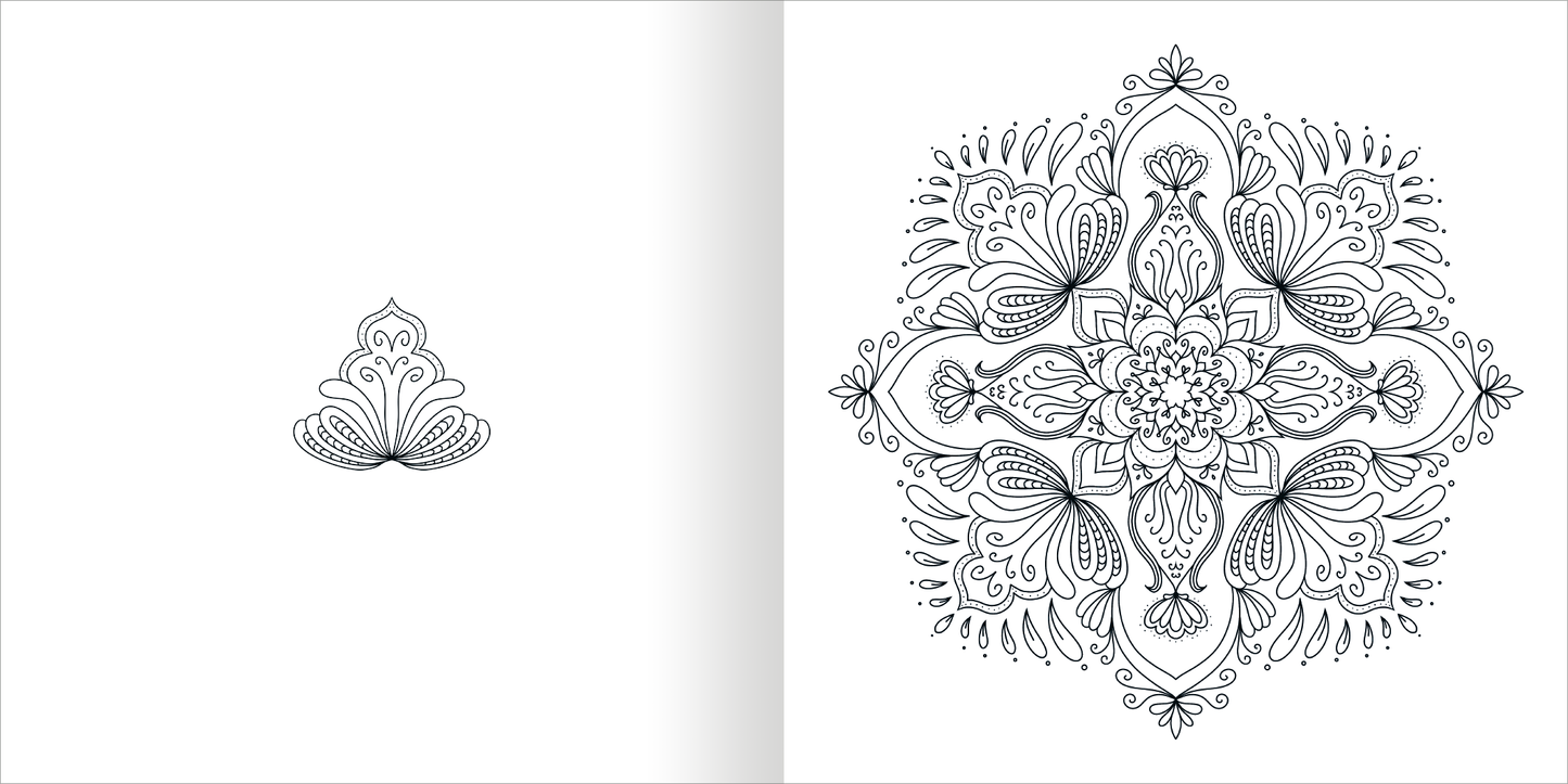 Gezeigt wird eine Innen- oder Zusatzansicht von „Mandala-Zauber – Achtsamkeit“. Die Abbildung zeigt links ein einfaches, filigranes Mandala-Motiv und rechts eine komplexe, symmetrische Mandala-Gestaltung mit geschwungenen Linien und floral inspirierten Elementen. Die Zeichnungen sind in Schwarz auf hellem Hintergrund gehalten und bieten ausreichend Raum für individuelle Farbgestaltungen.