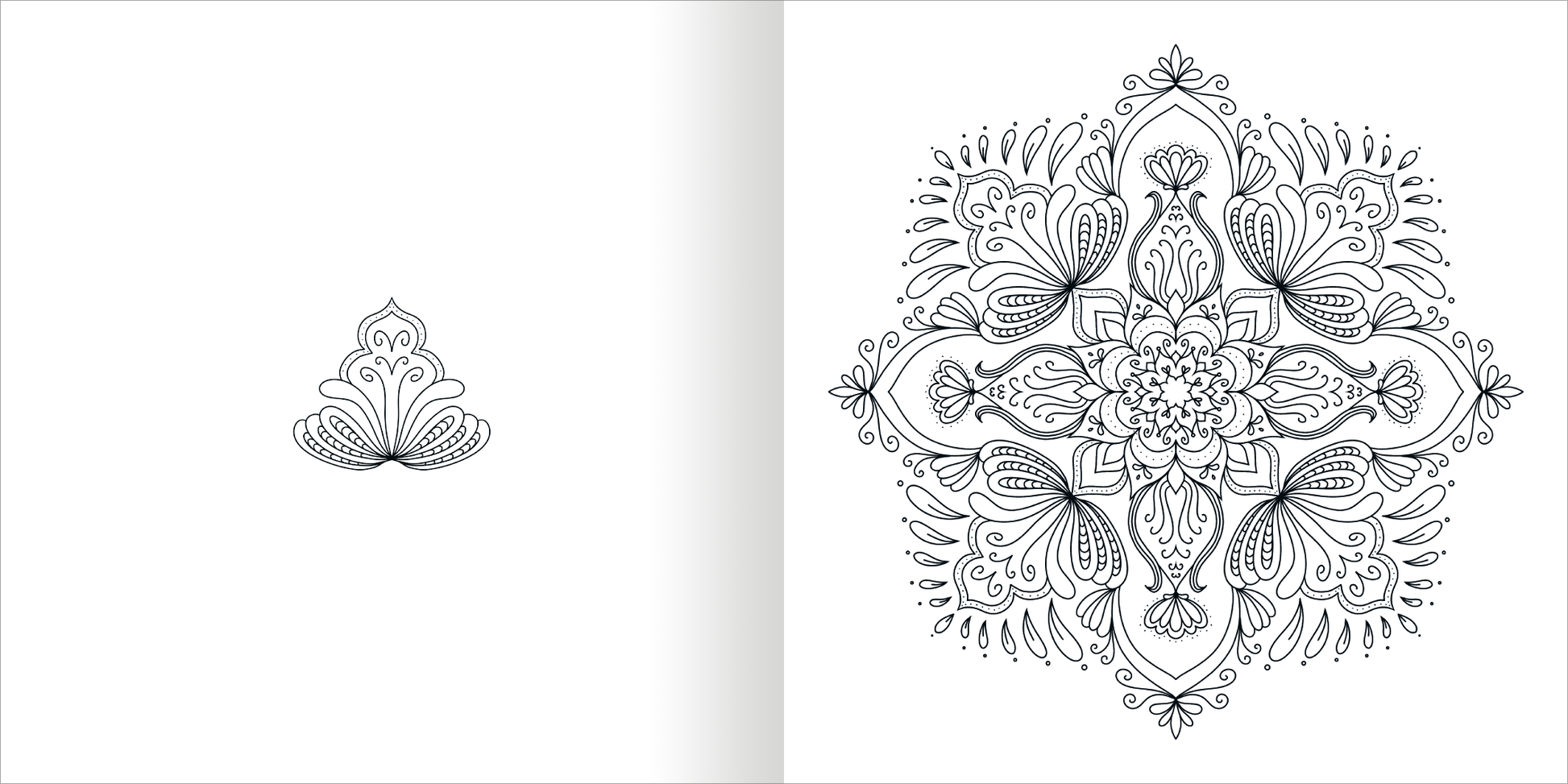 Gezeigt wird eine Innen- oder Zusatzansicht von „Mandala-Zauber – Achtsamkeit“. Die Abbildung zeigt links ein einfaches, filigranes Mandala-Motiv und rechts eine komplexe, symmetrische Mandala-Gestaltung mit geschwungenen Linien und floral inspirierten Elementen. Die Zeichnungen sind in Schwarz auf hellem Hintergrund gehalten und bieten ausreichend Raum für individuelle Farbgestaltungen.