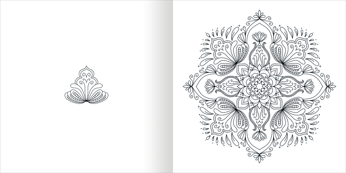 Gezeigt wird eine Innen- oder Zusatzansicht von „Mandala-Zauber – Achtsamkeit“. Die Abbildung zeigt links ein einfaches, filigranes Mandala-Motiv und rechts eine komplexe, symmetrische Mandala-Gestaltung mit geschwungenen Linien und floral inspirierten Elementen. Die Zeichnungen sind in Schwarz auf hellem Hintergrund gehalten und bieten ausreichend Raum für individuelle Farbgestaltungen.