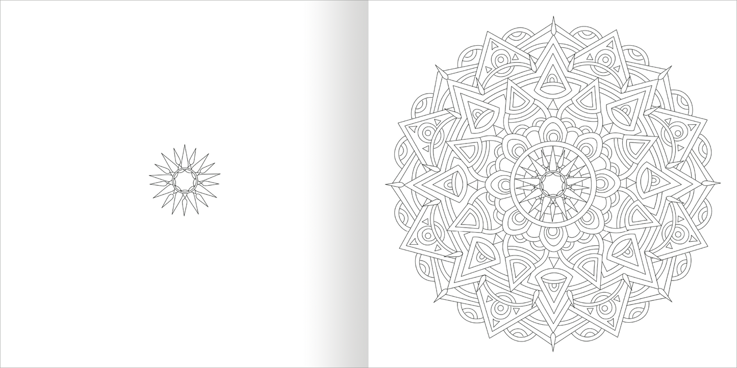 Gezeigt wird eine Innen- oder Zusatzansicht von „Mandala-Zauber – Gelassenheit“. Die linke Seite zeigt ein kleines, kreisförmiges Mandala mit einfachen, fließenden Linien. Die rechte Seite präsentiert ein großes, detailliertes Mandala, das reich verziert ist und symmetrische Motive aufweist. Die Zeichnungen sind in feinem, schwarz-weißem Kontrast gehalten, was Ruhe und Harmonie ausstrahlt.