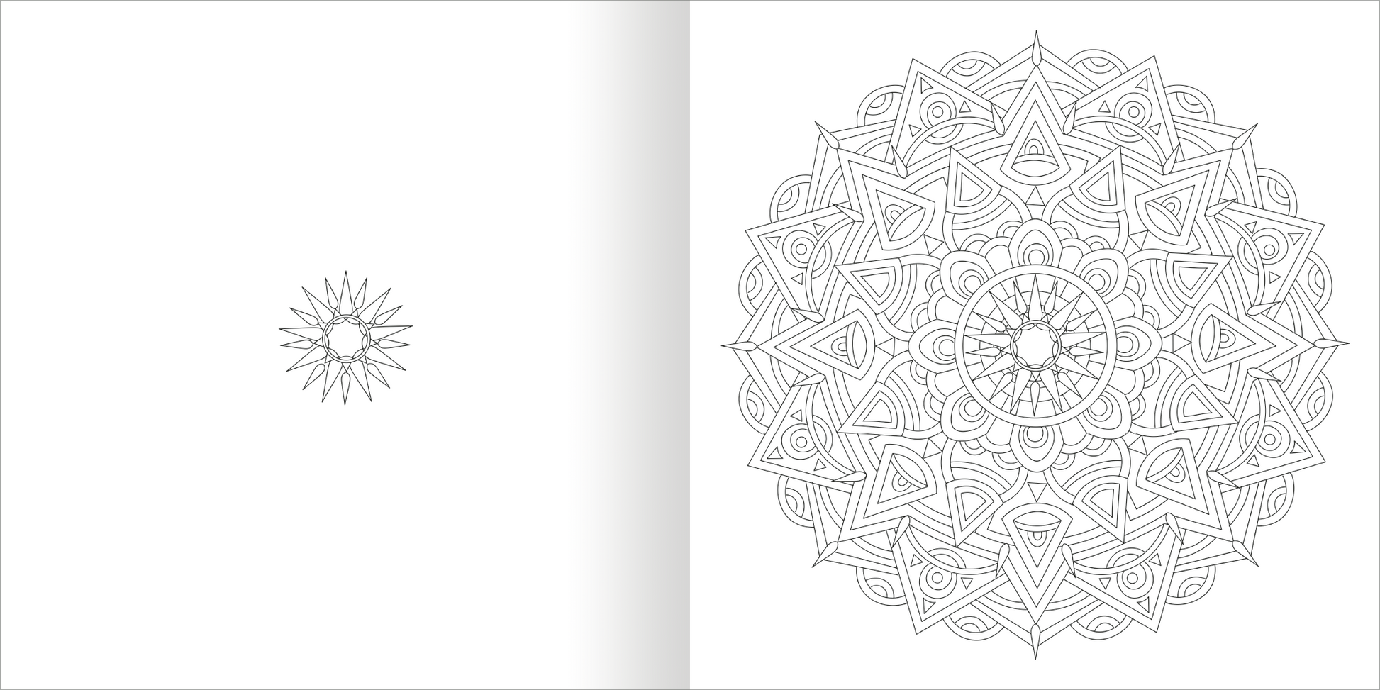 Gezeigt wird eine Innen- oder Zusatzansicht von „Mandala-Zauber – Gelassenheit“. Die linke Seite zeigt ein kleines, kreisförmiges Mandala mit einfachen, fließenden Linien. Die rechte Seite präsentiert ein großes, detailliertes Mandala, das reich verziert ist und symmetrische Motive aufweist. Die Zeichnungen sind in feinem, schwarz-weißem Kontrast gehalten, was Ruhe und Harmonie ausstrahlt.