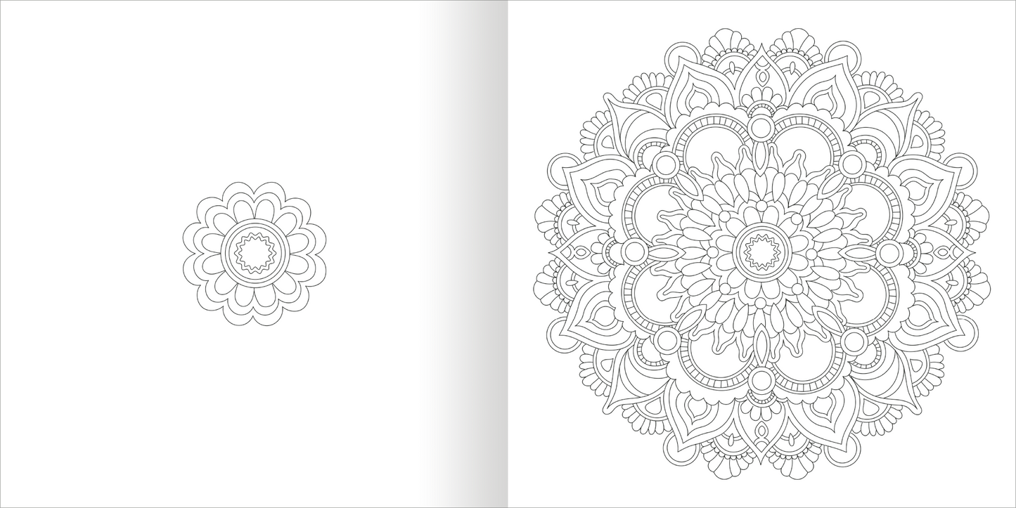 Gezeigt wird eine Innen- oder Zusatzansicht von „Mandala-Zauber – Gelassenheit“. Die linke Seite zeigt ein kleines, kreisförmiges Mandala mit einfachen, fließenden Linien. Die rechte Seite präsentiert ein großes, detailliertes Mandala, das reich verziert ist und symmetrische Motive aufweist. Die Zeichnungen sind in feinem, schwarz-weißem Kontrast gehalten, was Ruhe und Harmonie ausstrahlt.