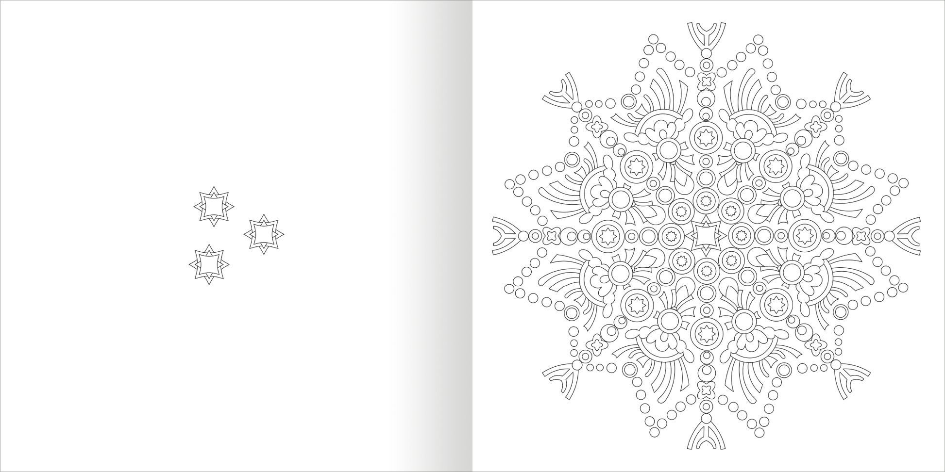 Gezeigt wird eine Innen- oder Zusatzansicht von „Mandala-Zauber – Gelassenheit“. Die Seite zeigt ein filigranes Mandala-Muster auf der rechten Seite, das aus verschiedenen geometrischen Formen, geschwungenen Linien und kreisförmigen Elementen besteht. Die Zeichnung ist in feinen grauen Linien gehalten und kontrastiert mit dem weißen Hintergrund. Links sind einige kleinere, ebenfalls schematische Mandala-Elemente zu sehen.