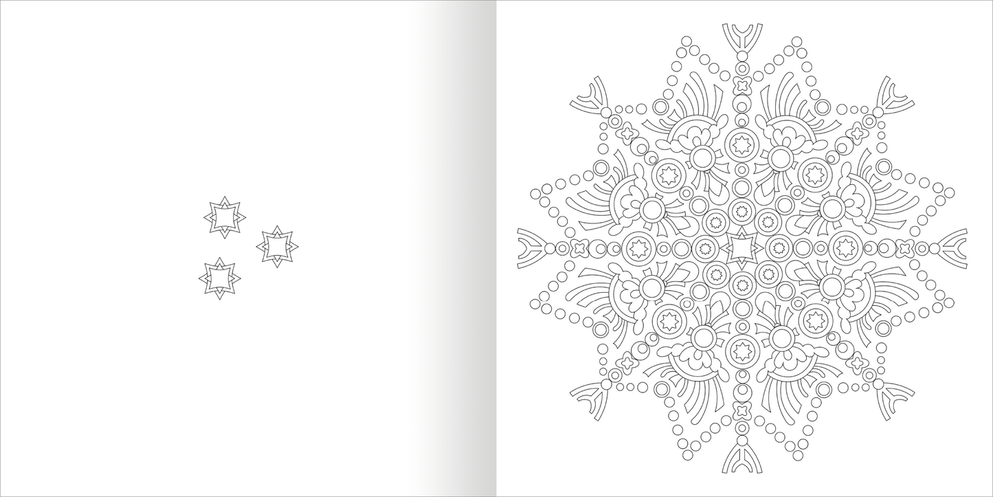 Gezeigt wird eine Innen- oder Zusatzansicht von „Mandala-Zauber – Gelassenheit“. Die Seite zeigt ein filigranes Mandala-Muster auf der rechten Seite, das aus verschiedenen geometrischen Formen, geschwungenen Linien und kreisförmigen Elementen besteht. Die Zeichnung ist in feinen grauen Linien gehalten und kontrastiert mit dem weißen Hintergrund. Links sind einige kleinere, ebenfalls schematische Mandala-Elemente zu sehen.