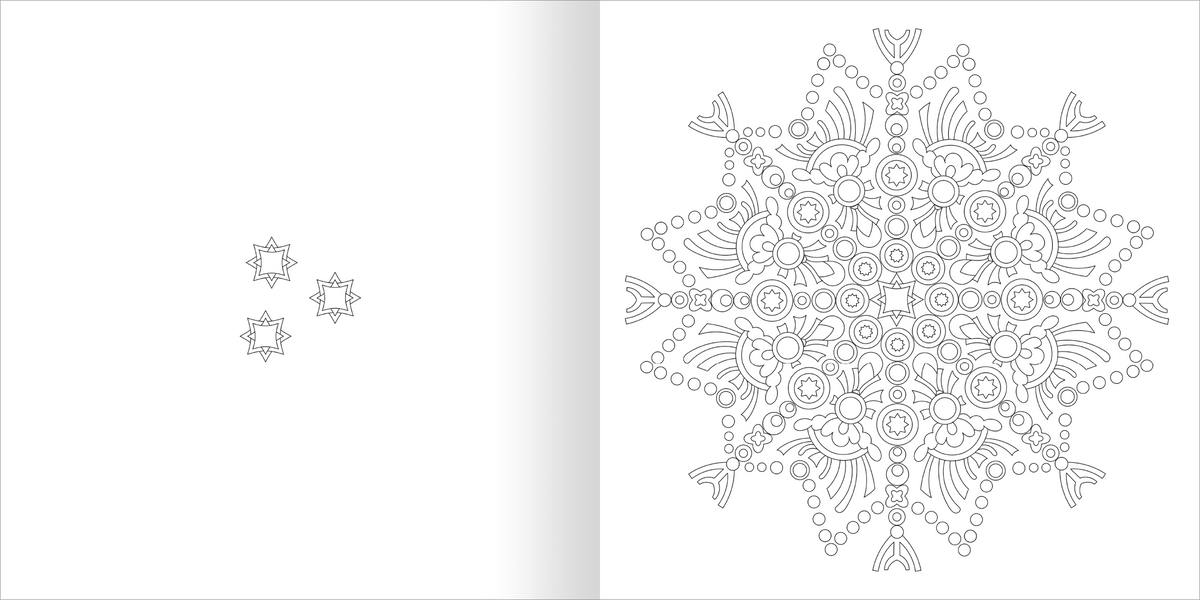 Gezeigt wird eine Innen- oder Zusatzansicht von „Mandala-Zauber – Gelassenheit“. Die Seite zeigt ein filigranes Mandala-Muster auf der rechten Seite, das aus verschiedenen geometrischen Formen, geschwungenen Linien und kreisförmigen Elementen besteht. Die Zeichnung ist in feinen grauen Linien gehalten und kontrastiert mit dem weißen Hintergrund. Links sind einige kleinere, ebenfalls schematische Mandala-Elemente zu sehen.