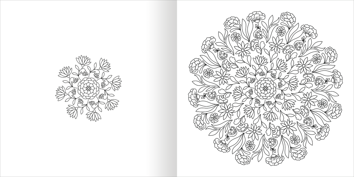 Gezeigt wird eine Innen- oder Zusatzansicht von „Mandala-Zauber – Blütentraum“. Die Darstellung zeigt ein symmetrisches Mandala in Schwarz-Weiß, das aus verschiedenen floralen Motiven besteht. Im Zentrum sind große Blüten in detaillierter Ausarbeitung, umgeben von kleineren, zarten Pflanzenmotiven. Die Linienführung ist klar und präzise, was eine einfache Gestaltung mit Farben ermöglicht. Der Stil ist einladend und verspielt, ideal für kreative Entfaltung.