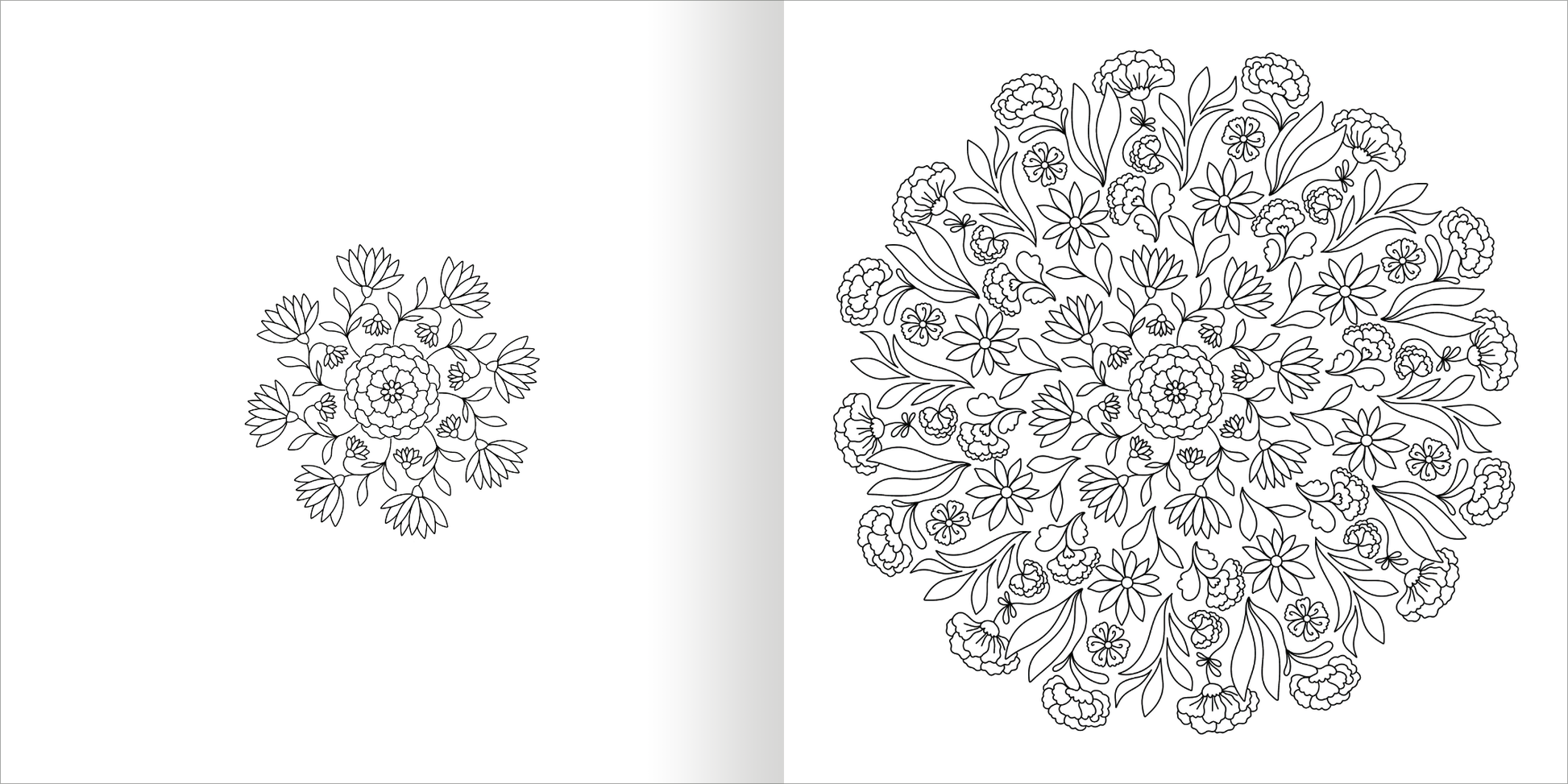 Gezeigt wird eine Innen- oder Zusatzansicht von „Mandala-Zauber – Blütentraum“. Die Darstellung zeigt ein symmetrisches Mandala in Schwarz-Weiß, das aus verschiedenen floralen Motiven besteht. Im Zentrum sind große Blüten in detaillierter Ausarbeitung, umgeben von kleineren, zarten Pflanzenmotiven. Die Linienführung ist klar und präzise, was eine einfache Gestaltung mit Farben ermöglicht. Der Stil ist einladend und verspielt, ideal für kreative Entfaltung.