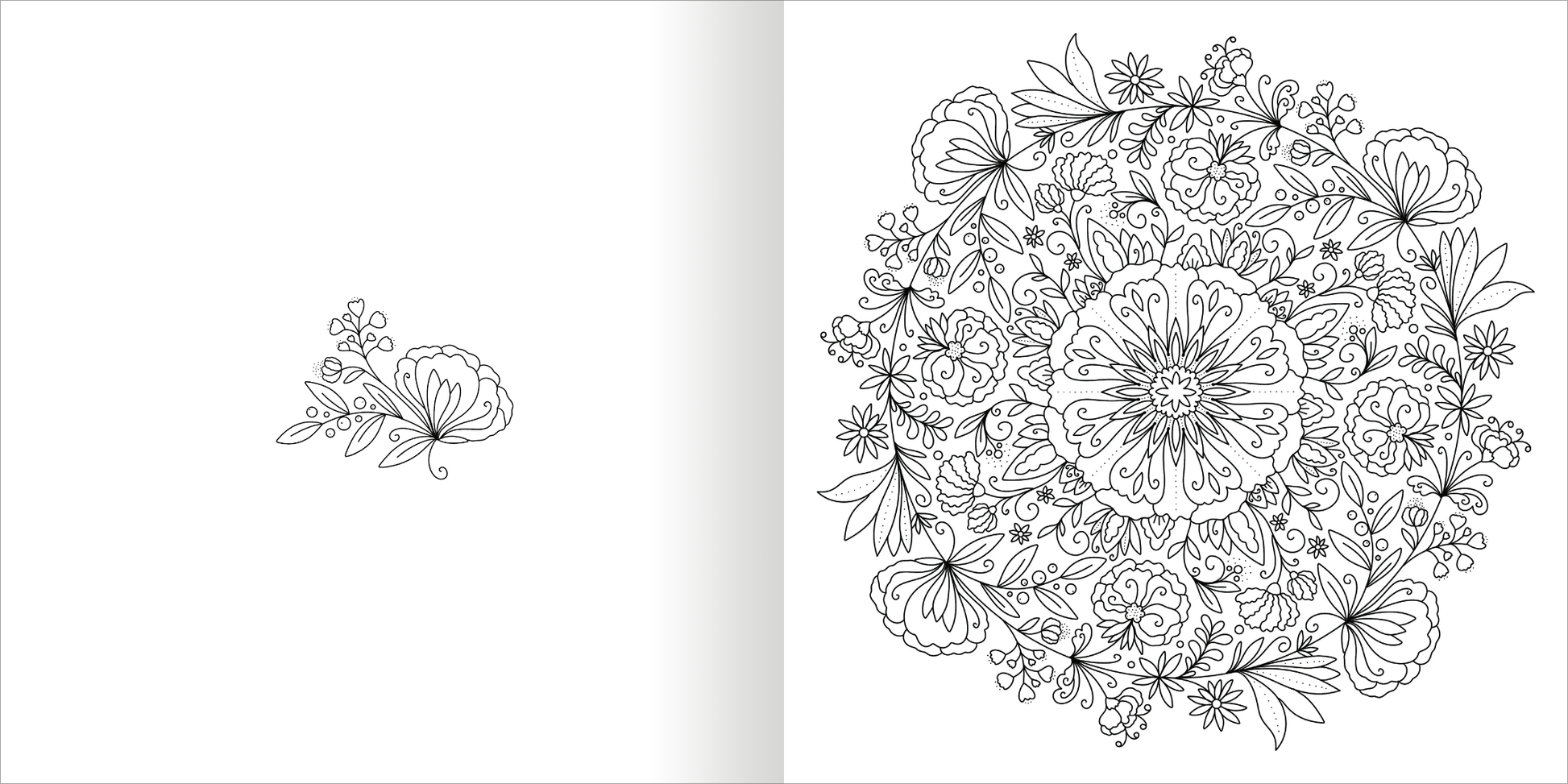 Gezeigt wird eine Innen- oder Zusatzansicht von „Mandala-Zauber – Blütentraum“. Die Abbildung präsentiert ein detailliertes, kreisförmiges Mandala, das reichlich mit floralen Mustern geschmückt ist. In der Mitte entfaltet sich eine große Blüte, umgeben von verschiedenen kleineren Blumen und Blättern. Die Konturen sind in sanften, klaren Linien gehalten, während der Hintergrund leer bleibt.