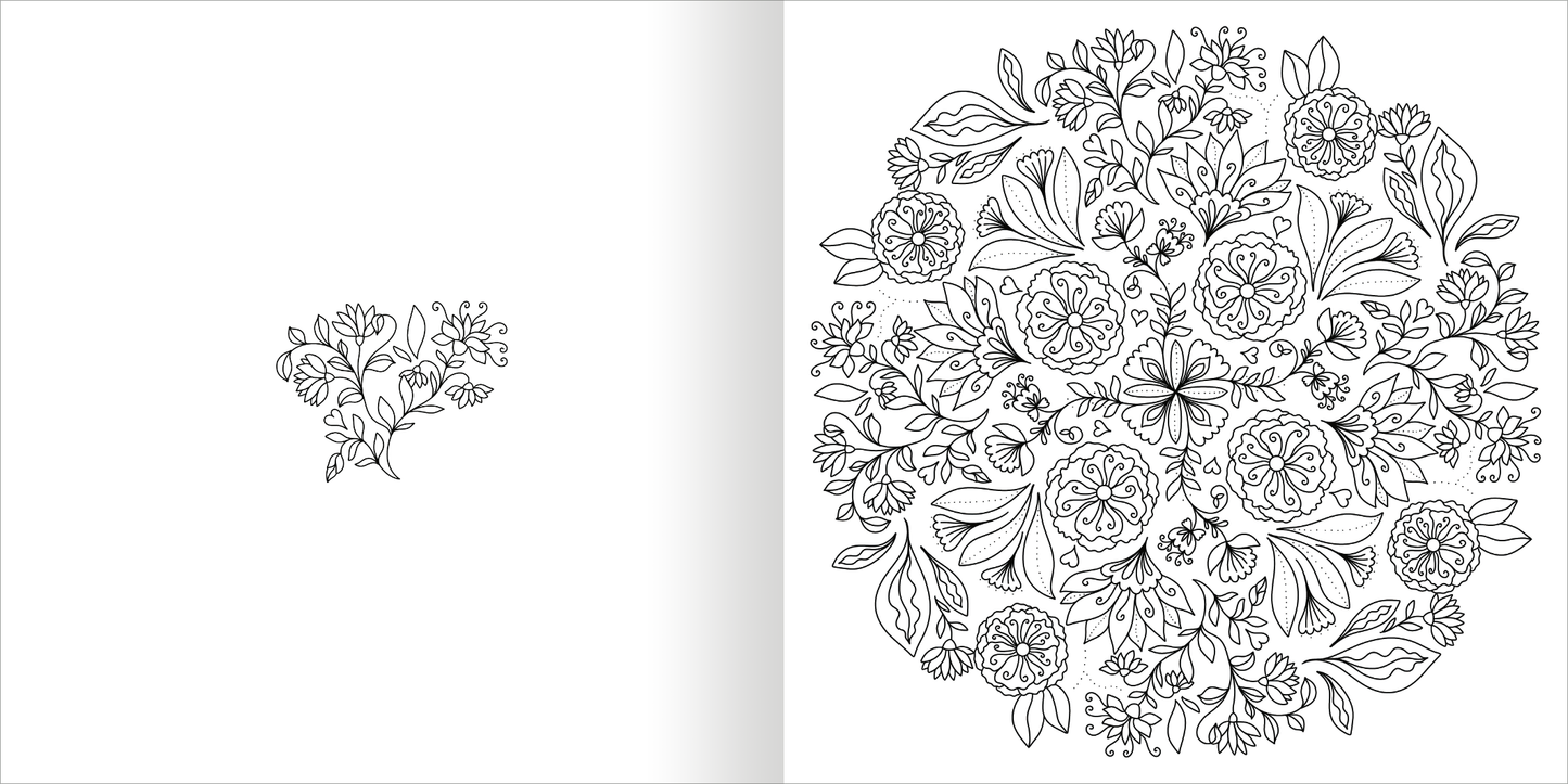 Gezeigt wird eine Innen- oder Zusatzansicht von „Mandala-Zauber – Blütentraum“. Die Abbildung zeigt links eine kleine Pflanze mit zarten Blüten und Blättern, während die rechte Seite ein großes, symmetrisches Mandala aus vielfältigen floralen Motiven präsentiert. Die Linien sind klar und in Schwarz gehalten, was den feinen Details der Blumen und Blätter besondere Aufmerksamkeit verleiht. Die Mischung aus kleinen und großen Elementen schafft eine einladende und harmonische...