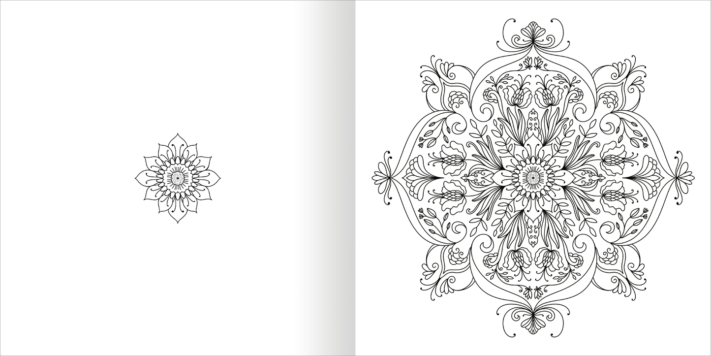 Gezeigt wird eine Innen- oder Zusatzansicht von „Mandala-Zauber – Blütentraum“. Die Abbildung zeigt ein detailliertes Mandala mit floralen Motiven in Schwarz-Weiß. In der Mitte befindet sich ein symmetrisches, blütengestaltetes Ornament, umgeben von zarten Linien und Blattwerk, das eine harmonische Komposition bildet. Die Typografie ist klar und elegant, was die kunstvolle Gestaltung des Mandalas unterstreicht. Der leere Raum auf der linken Seite ermöglicht eine intuitive Orientierung...