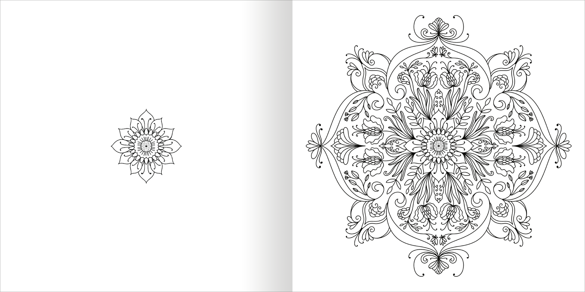 Gezeigt wird eine Innen- oder Zusatzansicht von „Mandala-Zauber – Blütentraum“. Die Abbildung zeigt ein detailliertes Mandala mit floralen Motiven in Schwarz-Weiß. In der Mitte befindet sich ein symmetrisches, blütengestaltetes Ornament, umgeben von zarten Linien und Blattwerk, das eine harmonische Komposition bildet. Die Typografie ist klar und elegant, was die kunstvolle Gestaltung des Mandalas unterstreicht. Der leere Raum auf der linken Seite ermöglicht eine intuitive Orientierung...