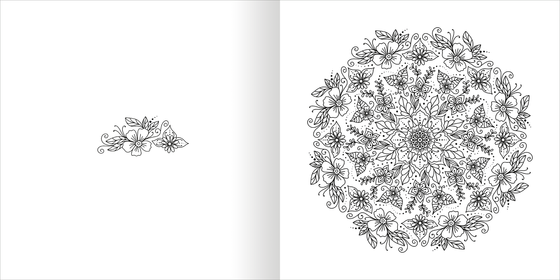 Gezeigt wird eine Innen- oder Zusatzansicht von „Mandala-Zauber – Blütentraum“. Auf der linken Seite ist eine kleine florale Vorlage zu sehen, während die rechte Seite ein großes, detailliertes Mandala in Schwarz-Weiß zeigt. Dieses Mandala ist reich verziert mit verschiedenen Blumen und geschwungenen Linien, die harmonisch angeordnet sind. Die feinen, eleganten Linien laden zum Ausmalen ein und erzeugen eine ruhige, meditative Atmosphäre.