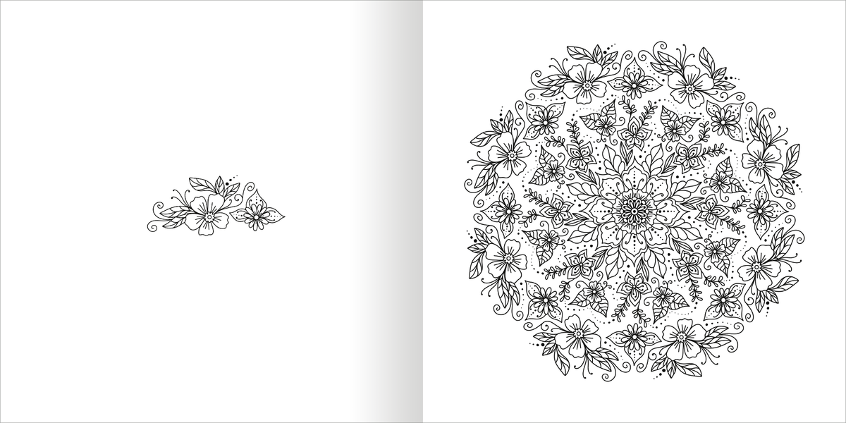Gezeigt wird eine Innen- oder Zusatzansicht von „Mandala-Zauber – Blütentraum“. Auf der linken Seite ist eine kleine florale Vorlage zu sehen, während die rechte Seite ein großes, detailliertes Mandala in Schwarz-Weiß zeigt. Dieses Mandala ist reich verziert mit verschiedenen Blumen und geschwungenen Linien, die harmonisch angeordnet sind. Die feinen, eleganten Linien laden zum Ausmalen ein und erzeugen eine ruhige, meditative Atmosphäre.