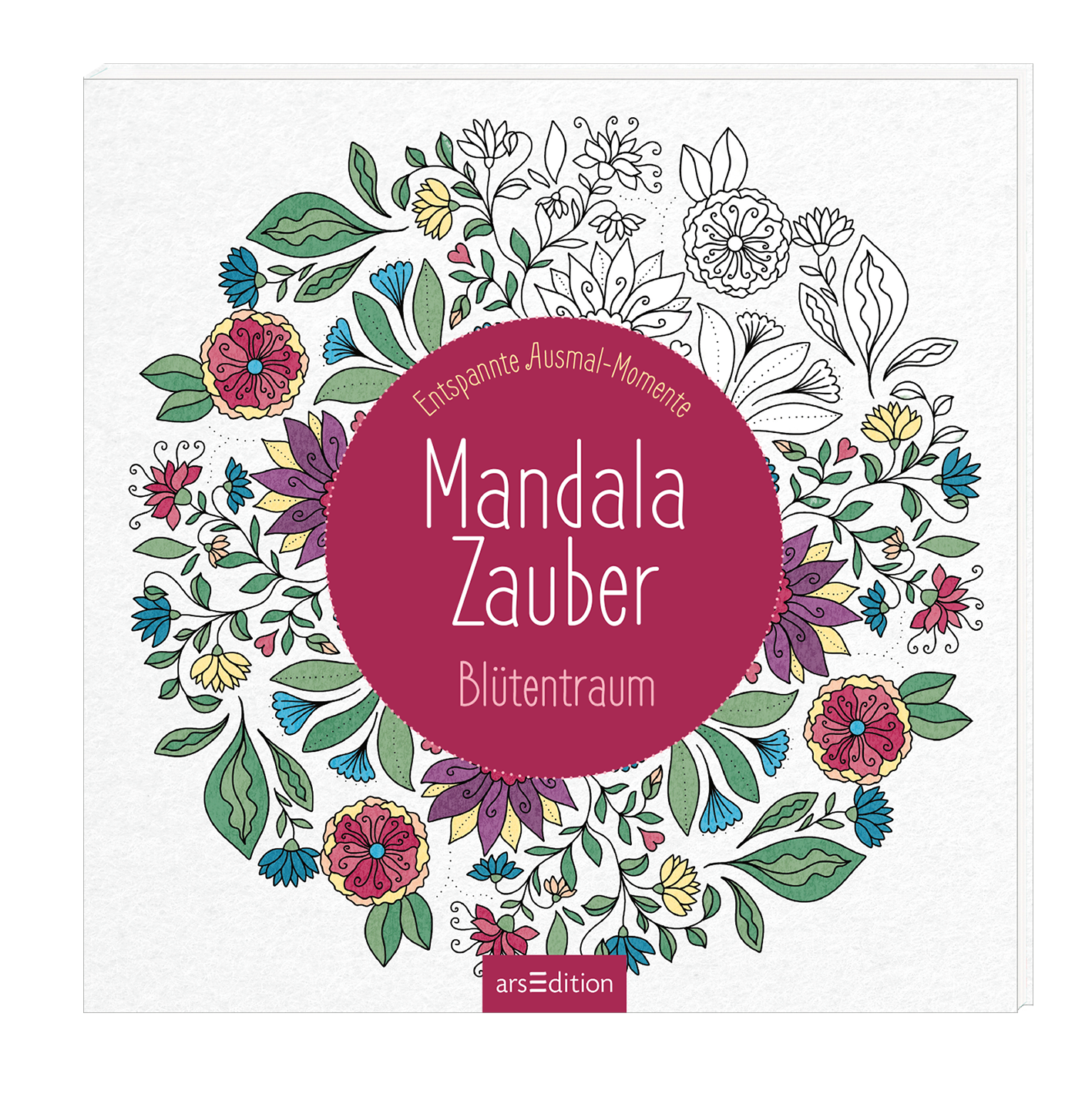 Auf dem dreidimensionalen Cover sind bunte Mandala-Muster in Form von stylisierten Blumen und Blättern zu sehen, die einen lebendigen Eindruck vermitteln. In der Mitte befindet sich ein runder, violetter Bereich mit dem Titel „Mandala Zauber“ in weißer Schrift und dem Untertitel „Blütentraum“. Darüber ist der Text „Entspannte Ausmal-Momente“ platziert. Der Hintergrund ist hell und neutral, was die Farben der Mandalas wirkungsvoll hervorhebt. Ganz unten mittig steht der...