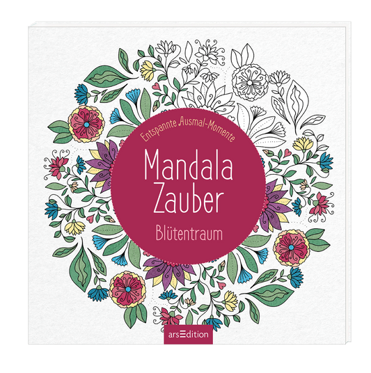 Auf dem dreidimensionalen Cover sind bunte Mandala-Muster in Form von stylisierten Blumen und Blättern zu sehen, die einen lebendigen Eindruck vermitteln. In der Mitte befindet sich ein runder, violetter Bereich mit dem Titel „Mandala Zauber“ in weißer Schrift und dem Untertitel „Blütentraum“. Darüber ist der Text „Entspannte Ausmal-Momente“ platziert. Der Hintergrund ist hell und neutral, was die Farben der Mandalas wirkungsvoll hervorhebt. Ganz unten mittig steht der...
