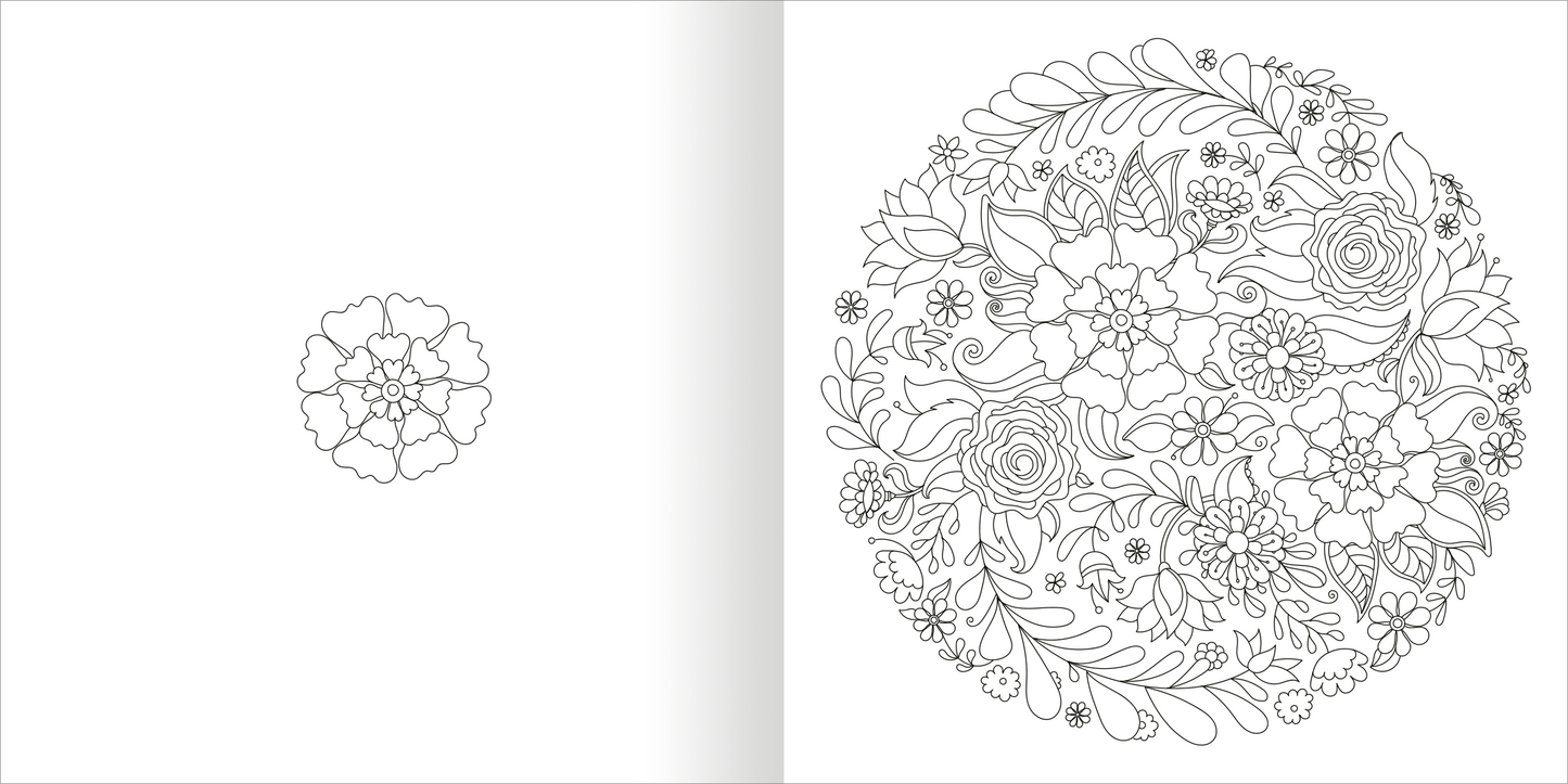 Gezeigt wird eine Innen- oder Zusatzansicht von „Mandala-Zauber – Die Jahreszeiten“. Auf der linken Seite befindet sich ein kleines, detailliertes Mandala-Motiv in Form einer Blüte. Rechts ist ein großes, kunstvolles Mandala abgebildet, das von üppigen Blumen und filigranen Blättern umgeben ist. Die schwarzen Konturen der Zeichnungen heben sich klar vom weißen Hintergrund ab, wodurch eine harmonische und meditative Atmosphäre entsteht.