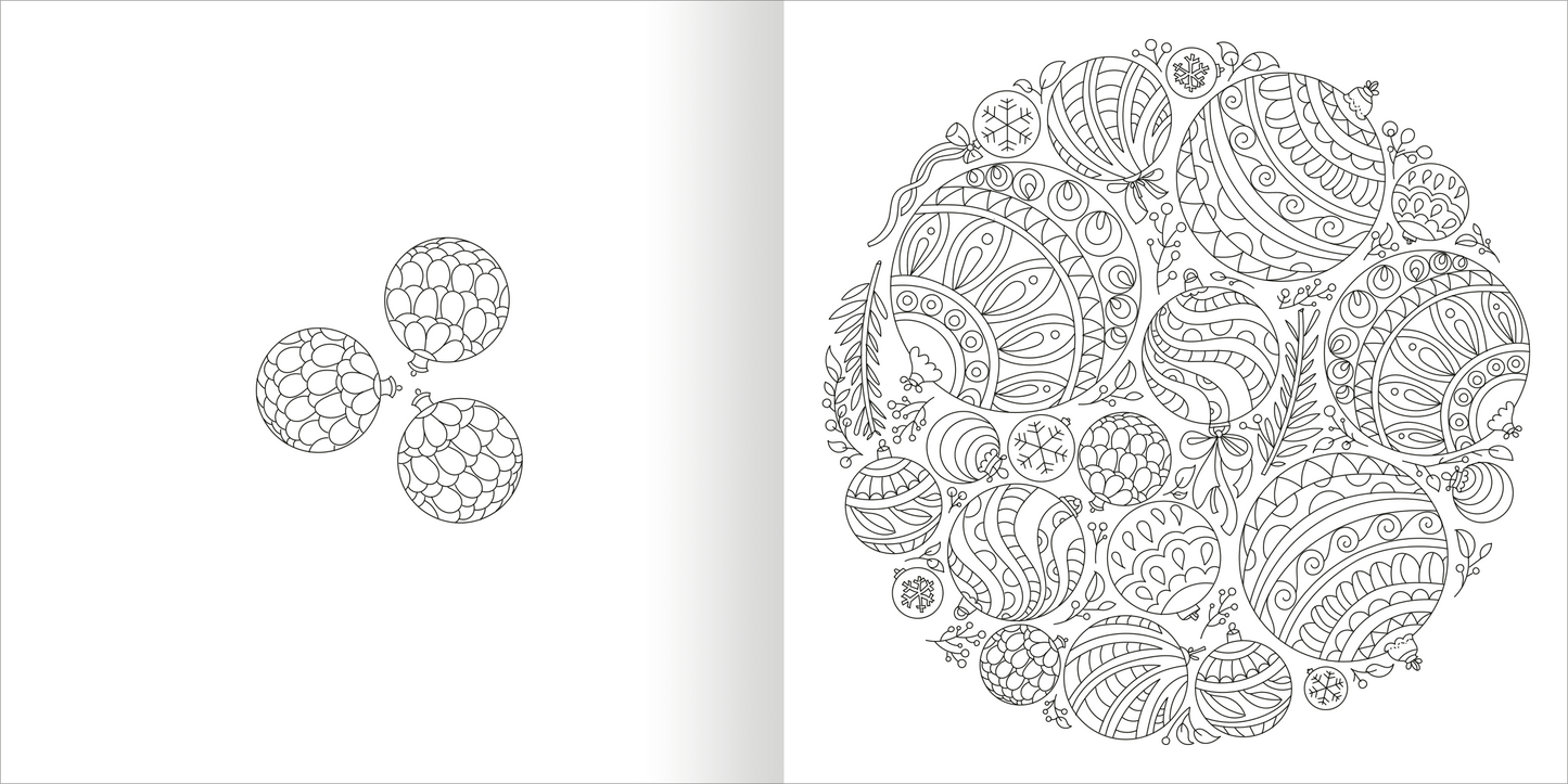Gezeigt wird eine Innen- oder Zusatzansicht von „Mandala-Zauber – Die Jahreszeiten“. Die linke Seite zeigt drei kleine, Christbaumkugeln mit runden Mustern. Die rechte Seite präsentiert ein großes, detailliertes Mandala, umgeben von verschiedenen, kunstvoll ornamentierten Elementen. Die Linien sind klar und durchgezogen, was den Fokus auf die Struktur und die Vielfalt der Designs legt. Die Gesamtkomposition lädt zum Ausmalen und zur kreativen Entfaltung ein.