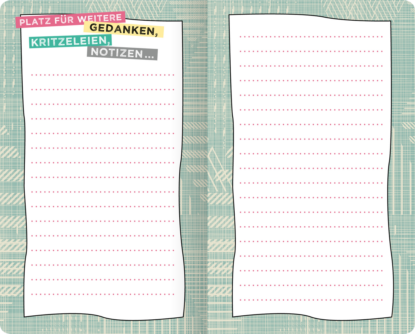 Gezeigt wird eine Innen- oder Zusatzansicht von „Wanderlust“. Die Seiten zeigen ein sanftes, mintgrünes Hintergrundmuster mit geometrischen Linien. Auf der linken Seite befindet sich ein Bereich mit der Überschrift „Platz für weitere Gedanken, Kritzeleien, Notizen…“ in bunten, verschiedenen Schriftarten. Die rechte Seite bleibt leer mit gepunkteten Zeilen, die zum Schreiben einladen. Die Gesamtdarstellung vermittelt einen kreativen und einladenden Eindruck.