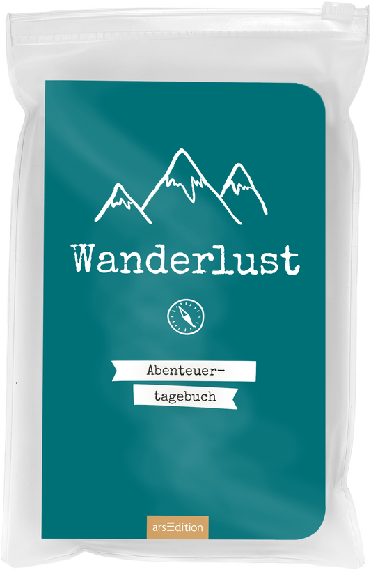Das Buchcover zeigt einen teal-farbenen Hintergrund mit skizzierten Berggipfeln in weißer Farbe. In der oberen Mitte steht in verspielter, handschriftlicher Schrift „Wanderlust“ und darunter in klarer Typografie „Abenteuertagebuch“ auf einem weißen Banner. Ein kleiner Kompass ist ebenfalls abgebildet. Diese Gestaltung vermittelt eine einladende und abenteuerliche Atmosphäre. Ganz unten mittig steht der Logoschriftzug von arsEdition.