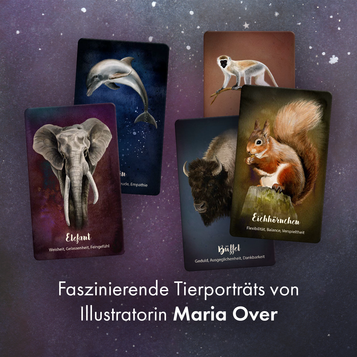 Gezeigt wird eine Innen- oder Zusatzansicht von „Finde dein magisches Krafttier“. Die Ansicht präsentiert fünf Tierkarten mit faszinierenden Illustrationen von Maria Over. In sanften Farben wie Blau, Lila und Braun heben sich die Tiere – ein Elefant, Delphin, Eichhörnchen, Büffel und ein Mandrill – vor einem harmonischen Hintergrund ab. Jede Karte enthält den Namen des Tieres sowie dessen symbolische Eigenschaften in ansprechender, gut lesbarer Typografie.